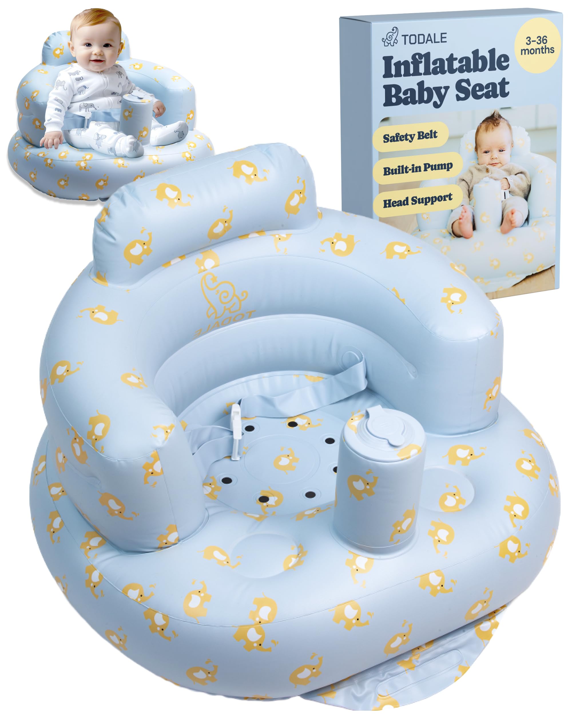 Todale Inflatable Baby Seat 3-24 Months - Inflatable Sit me Up Chair with Seat Belt, Built-in Pump, Christmas Gift Floor Toddler Chair for Boys & Girls - Baby Bouncer with Head Support, Bear Blue