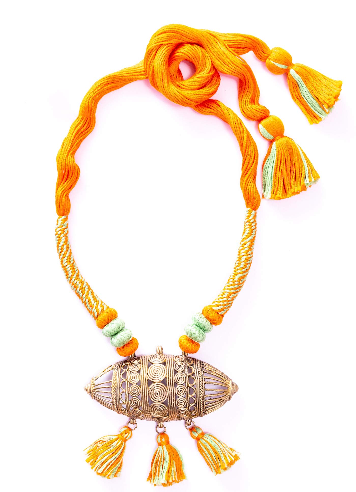 Miharu Handcrafted Dhokra Brass Necklace Tribal Ethnic with Adjustable Thread, Tassels and Pendant(Orange)