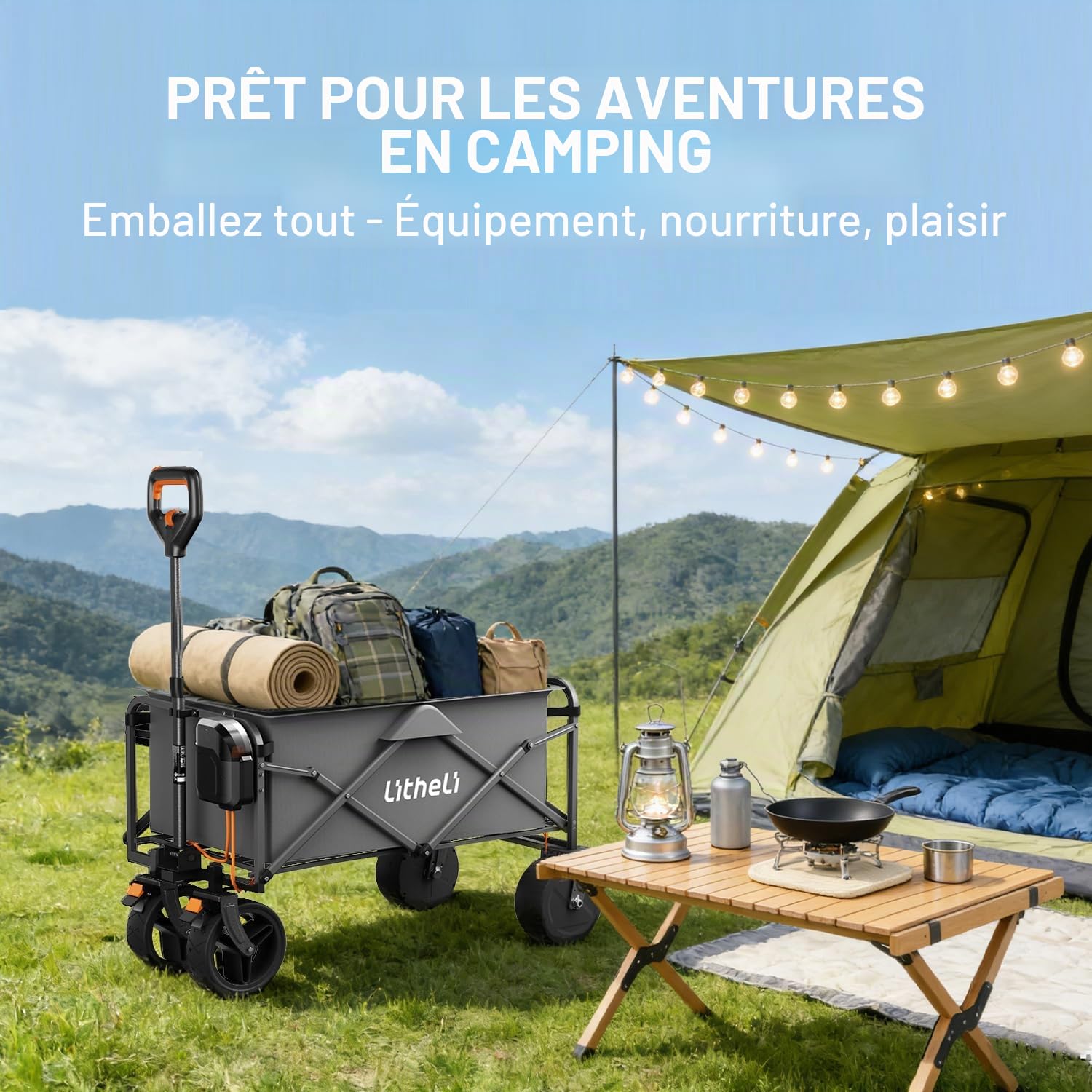 Litheli Chariot électrique Pliable avec Moteur et Freins, 100 l, 50 kg, Convient pour Le Camping, Le Jardin, la Plage, Le Shopping (Noir, W1 Go avec 1 Batterie)