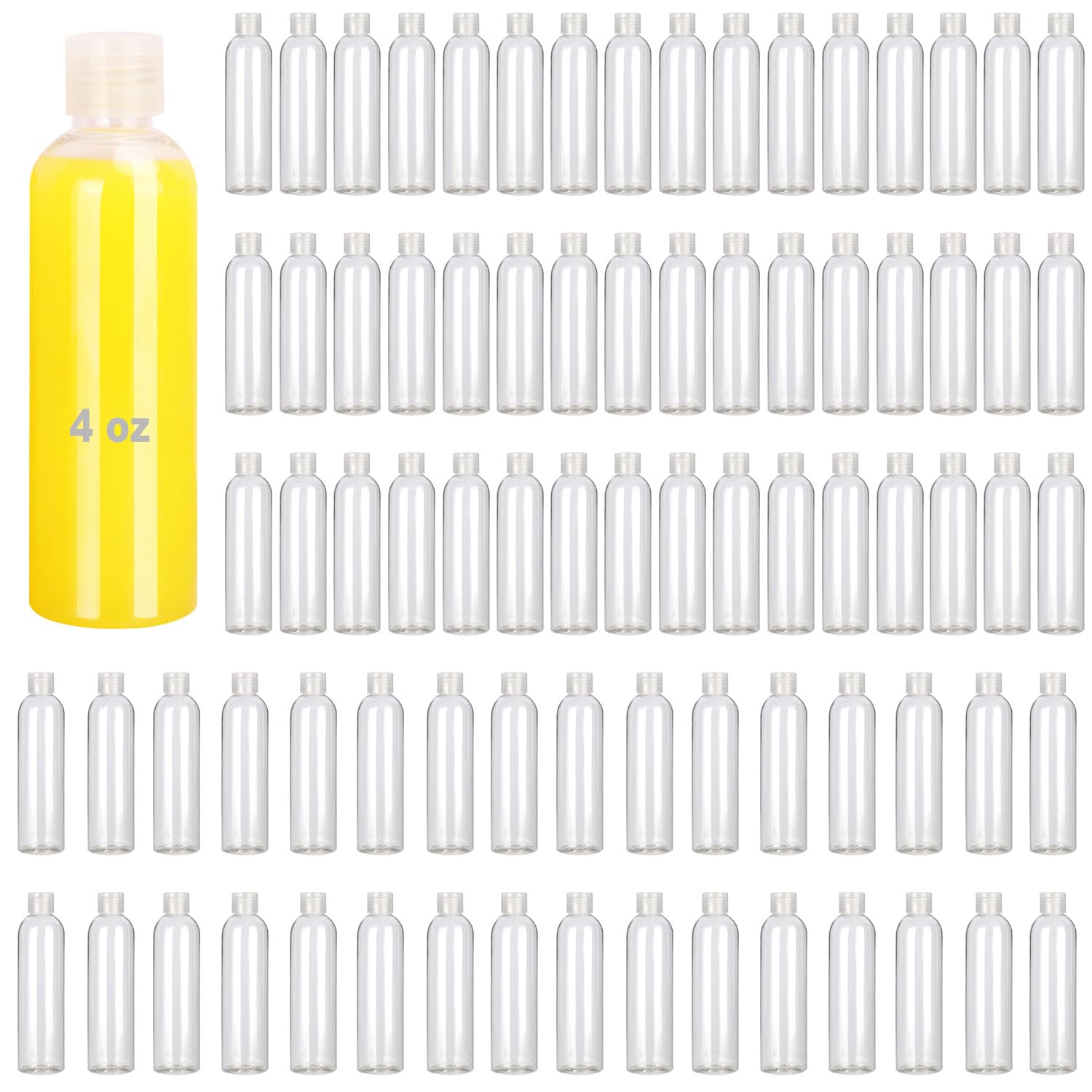 KUKLIPJIM 100 Pack 4 oz Plastic Squeeze Bottles with Top Flip Caps, Clear, BPA-Free, Travel-Friendly, Reusable, 120ml Capacity, Ideal for Travel,