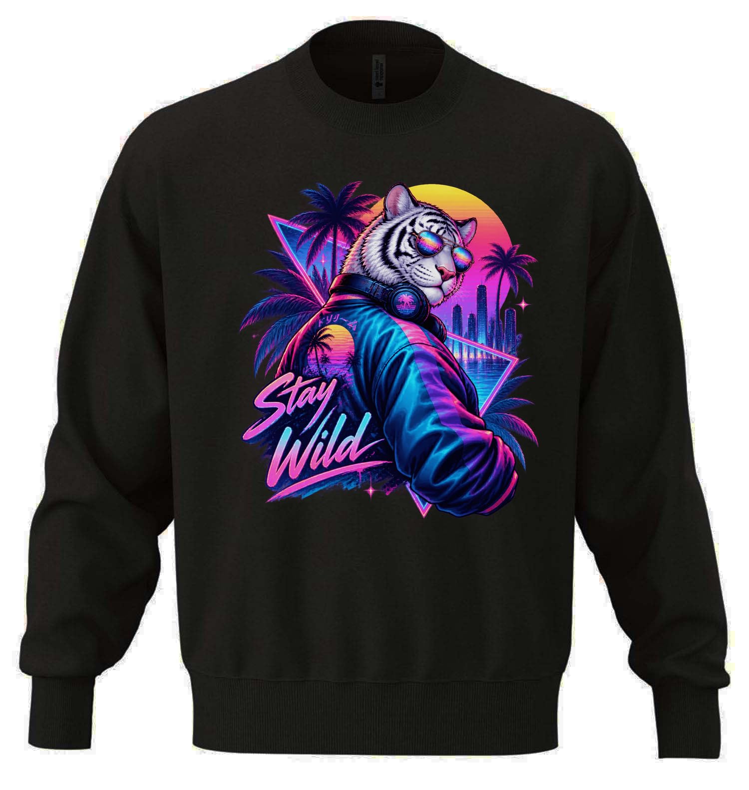 Retro zachód słońca tygrys z neonowymi wibracjami unisex oversize mieszanka bawełny ciężka bluza czarna