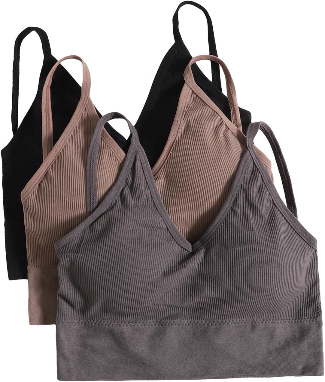 OYOANGLE Women's 3 Pack Ribbed Knit Bras Criss Cross Padded Seamless Wireless Bralettes