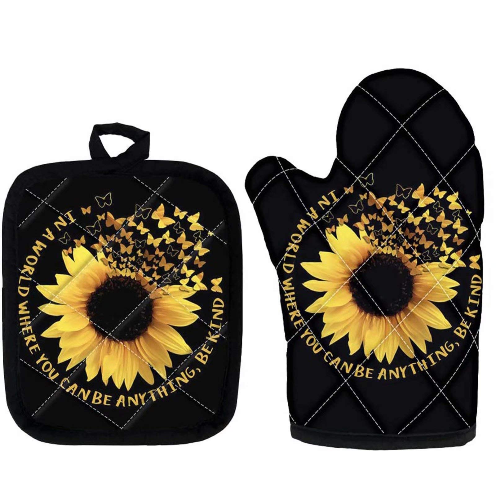 Lot De 3 Maniques Et Gants De Cuisine - Motif Tournesol Et Papillon - Résistants à La Chaleur, Antidérapants