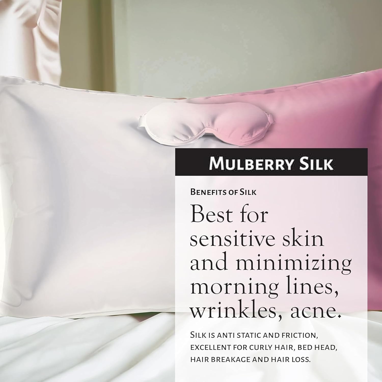 Mulberry Silk Pillowcase Gift Set, Eye Mask, Pillowcase, and Scrunchie for Gentle Sleep Reducing Breakage, Tangles, Creases, and Wrinkles – Queen Size – Pink & White Mulberry Silk Pillowcase Gift Set, Eye Mask, Pillowcase, and Scrunchie for Gentle Sleep Reducing Breakage, Tangles, Creases, and Wrinkles – Queen Size – Pink & White