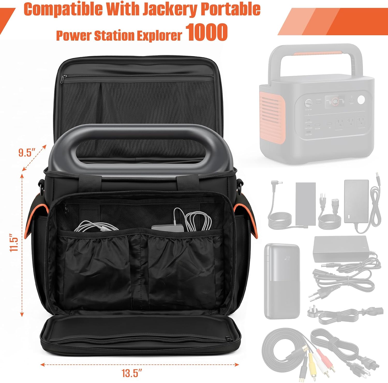 Kovshuiwe Travel Carrying Case Compatible with Jackery Explorer 1000, Portable Waterproof Storage Bag with Front Pockets for Charging, Cable, Cord,Cable and Accessories，W13.5 x D9.5 x H11.5 inches