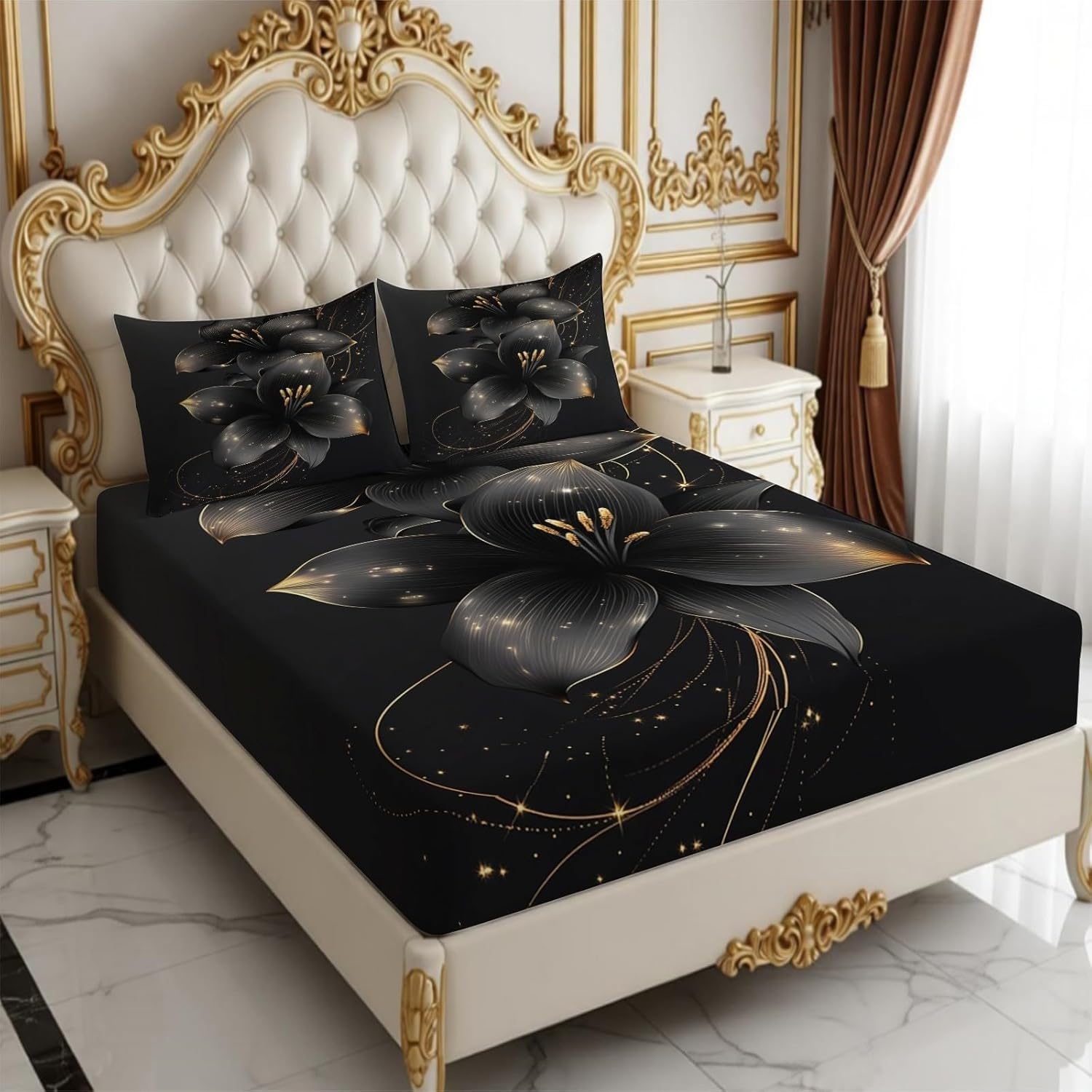 Sabana Bajera 135x190 Negro Y Dorado Sabanas Bajeras Estampadas Flores Grandes Sábana Bajera Ajustable Suaves, Elastico Funda Colchon con 2 Funda Almohada 50x80 cm, para Colchón de 30cm de Altura