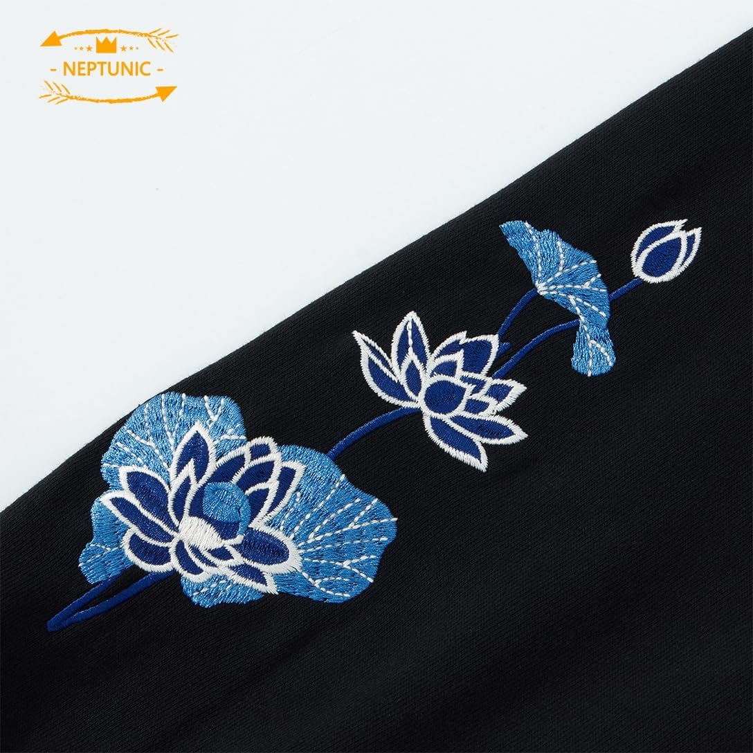 [Neptunic] パーカー メンズ 長袖 刺繍 和柄 綿100 トップス スウェット トレーナー 裏起毛 丸襟 かっこいい 快適