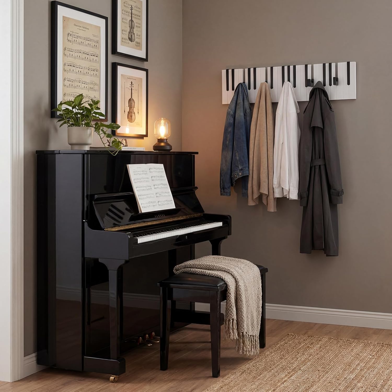 16 Hook Wooden Piano Coat Rack Wall Mounted Flip Down Wall Rack Entryway Art Hanger Black White Piano Key Storage Organizer for Hanging Hats Keys Bags Music Lovers Pianists Gift 22.8 Inch