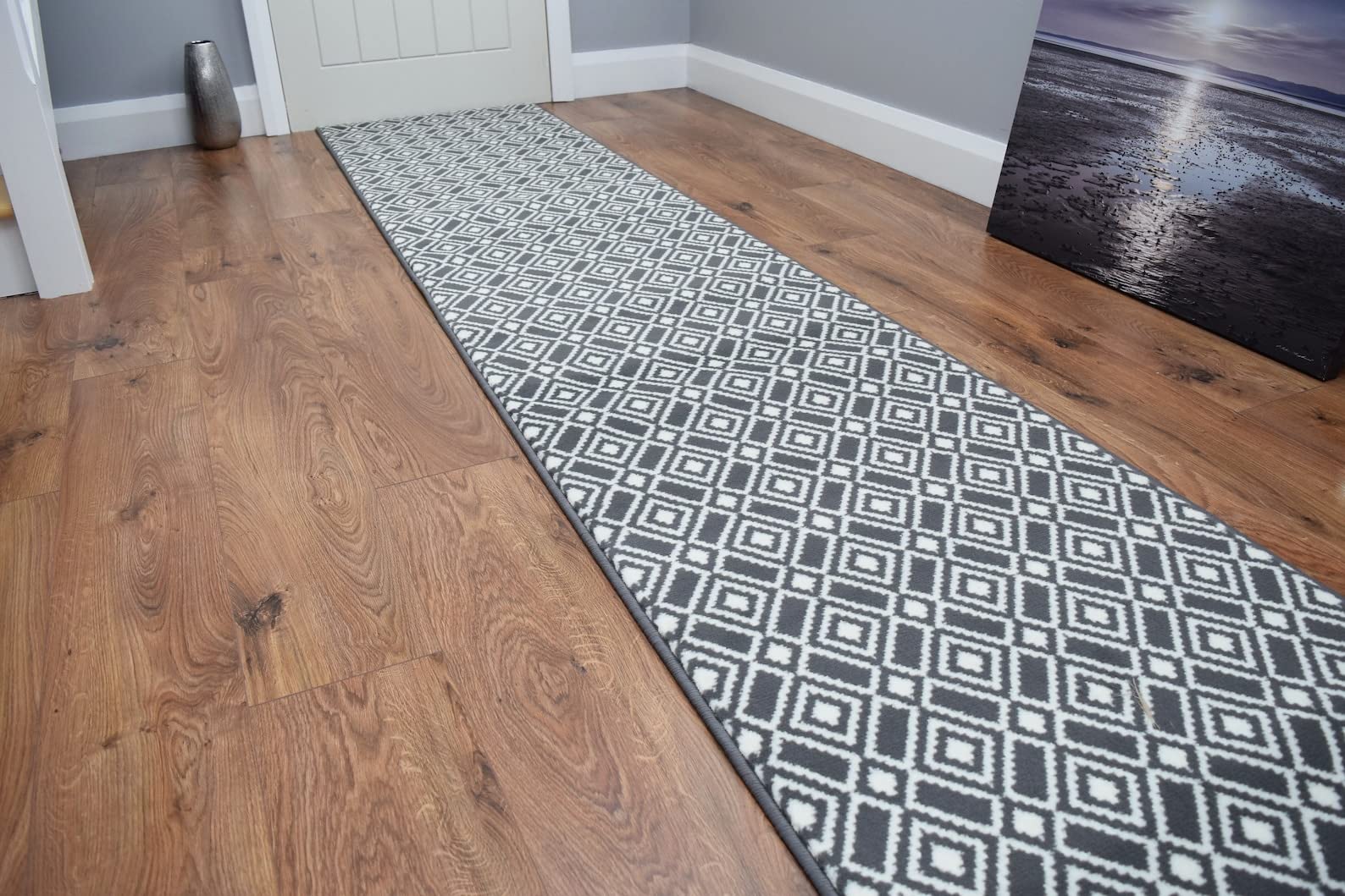 SrS Rugs® Luna Collection, Modern Long Carpet Runner Rug for Entrance Hall and Stairs. Smooth Soft 8mm Depth Pile. 70cm Wide. Any length (Grey Cream Geometric, Length: 29' (884cm)) — image 1