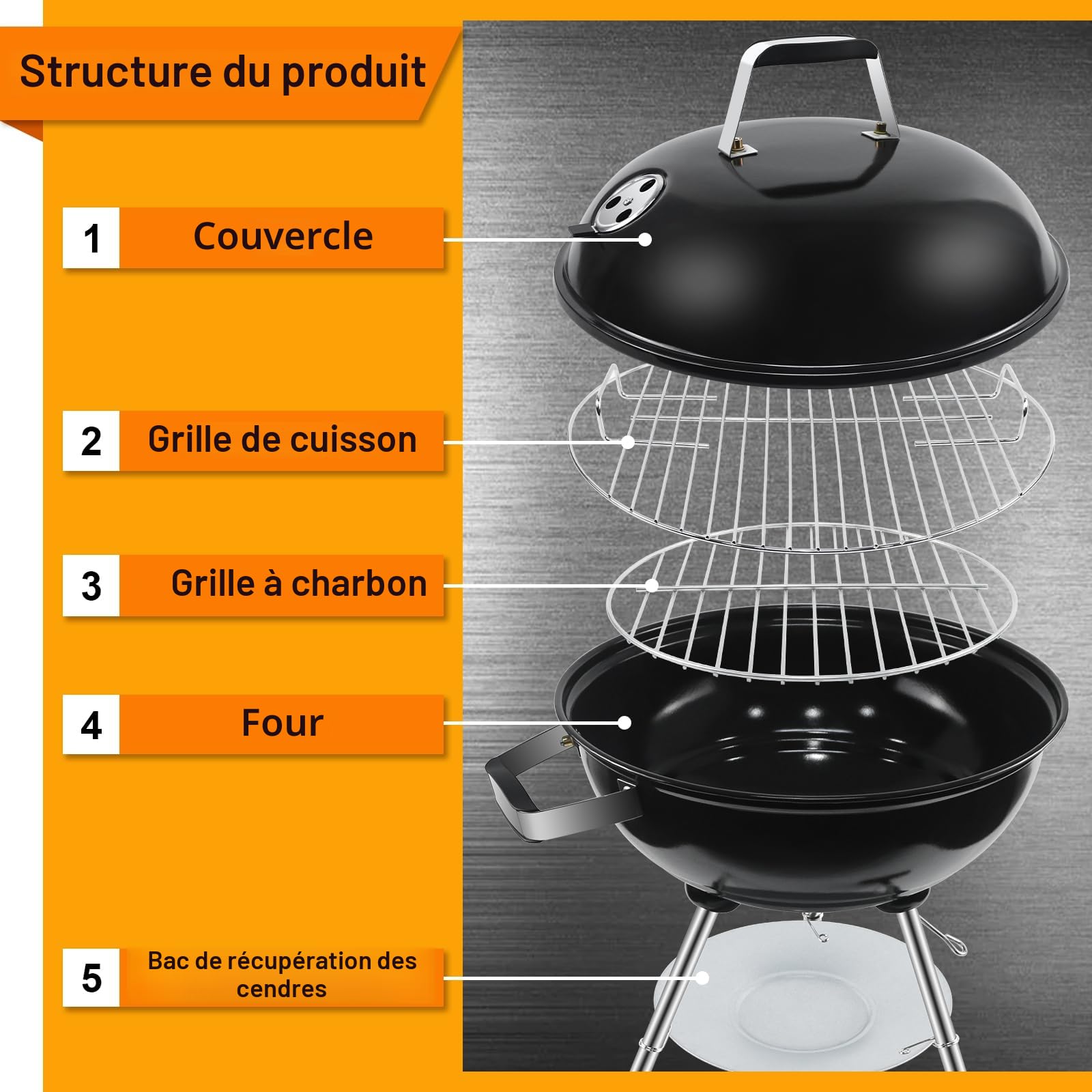 Barbecue Charbon Rond avec Couvercle et Roues BBQ Portable Grill Jardin Camping Balcon Taille moyenne