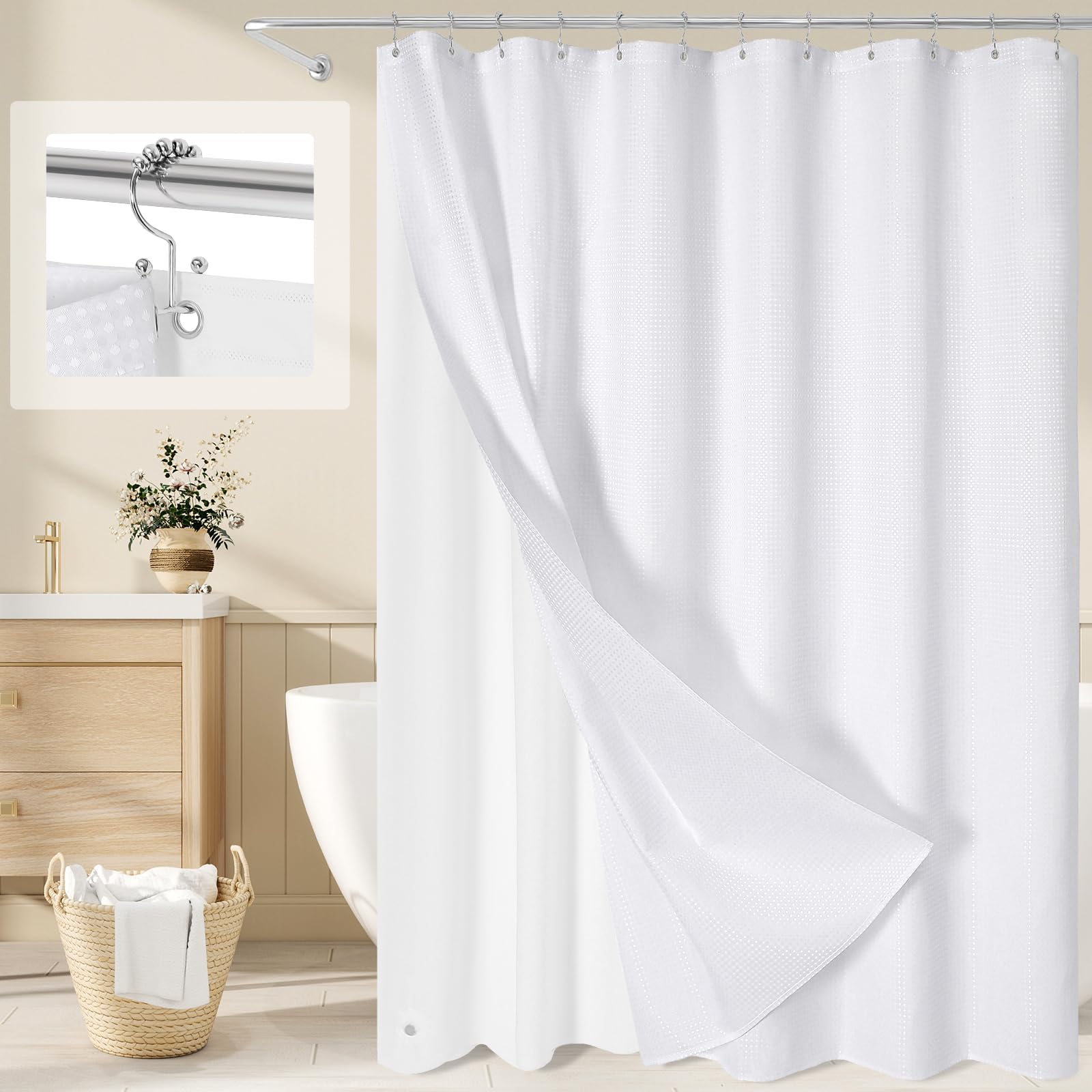 Craidlela White 3 In 1 Long Shower Curtain Set-72 W X 78 H, Waffle And Peva Liner Set With 12 Stainless Steel Hooks, Waterproof Fabric For Bathroom