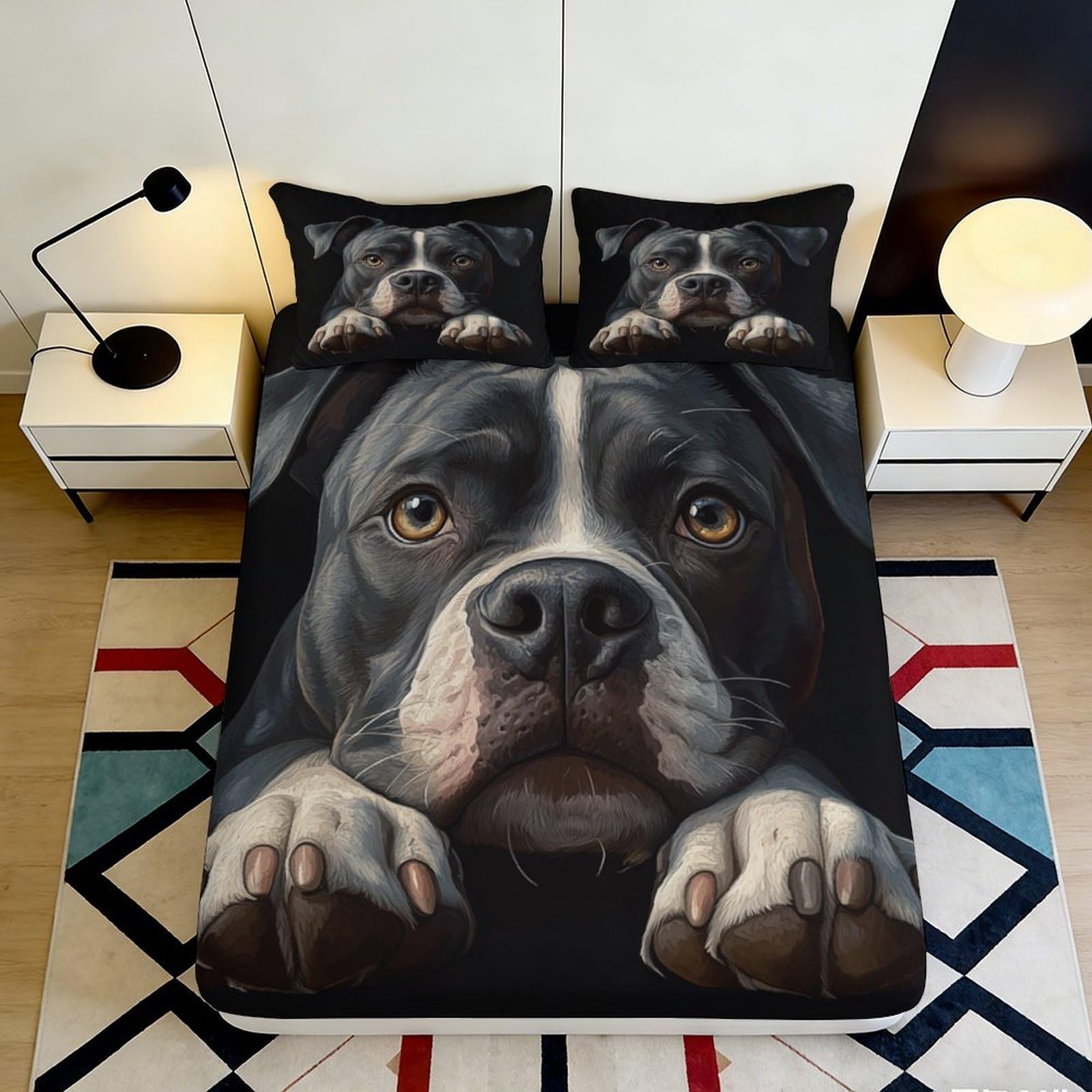 3D Printed Black Dog Pattern Fitted Sheet Microfiber Soft Breathable Realistic Dog Face Bed Cover for Bedroom Dorm Dormitory Guest Room Mattress Protection 140x200x25cm