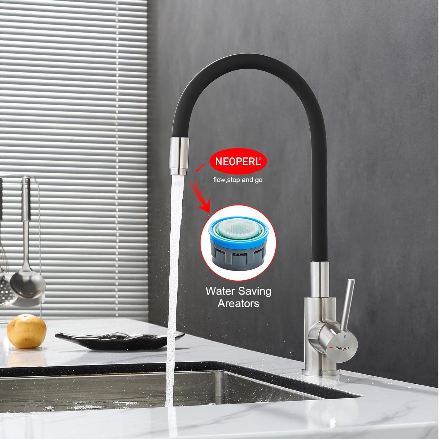 Image showing the faucet with an inset diagram highlighting the NEOPERL water-saving aerator, indicating its location and function.