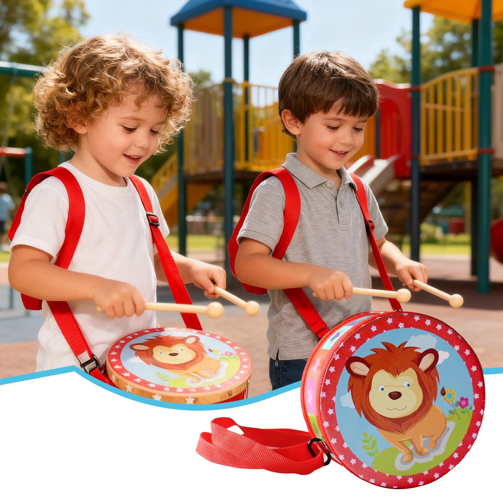 Tambor para niños, instrumento musical de madera con correa y palos, 15 cm, juego de tambor de madera, juguete ideal para niños a partir de 3 años, campana, bebés, aprendizaje educativo — view 2