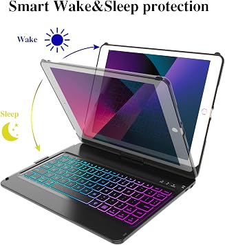 MMK iPad Keyboard Case - 10.2 inch, 360 Rotatable Wireless Detachable Bluetooth Keyboard Cover for iPad 9th Gen 2021, 8th Gen 2020, 7th Gen 2019 - 7 Color Backlit