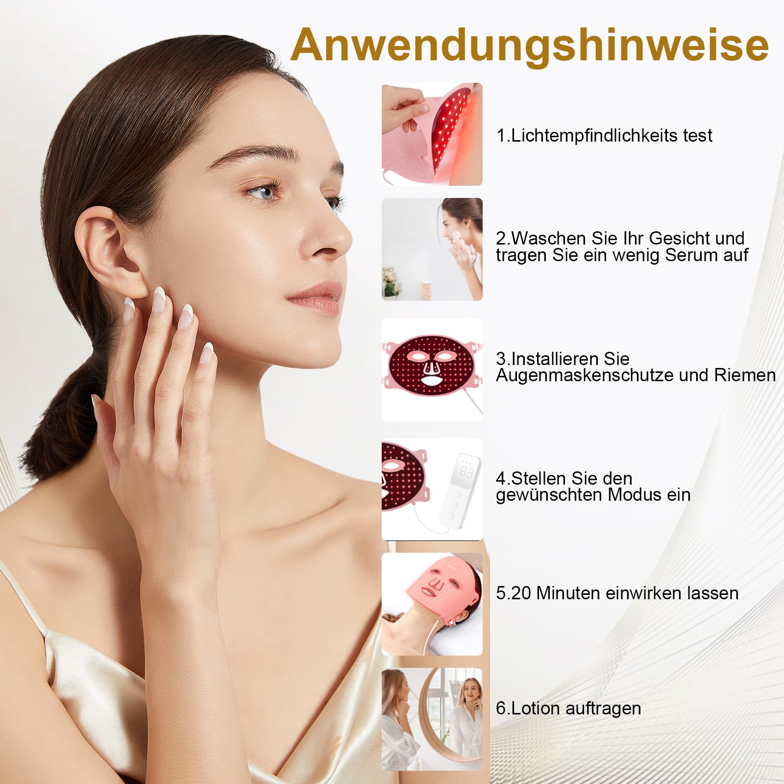 Rotlicht Maske Gesicht 850nm Nahinfrarotlicht 7 Modi Anti Falten | 108 LEDs mit 324 Chips erzeugen eine gleichmäßige Lichtverteilung, 3 Einstellbare Helligkeitsstufen für Anti-Aging