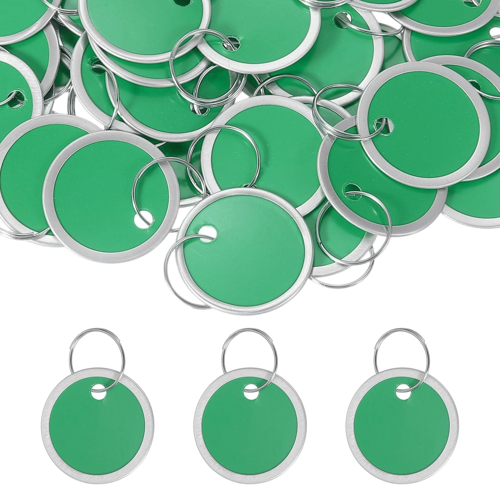 PATIKIL 3cm Metal Rim Key Tags 50 Pack Blank Round Paper Tags Bulk Writable Keychain Identifiers with Split Rings for Car Door Drawer Key Luggage Pet, Green