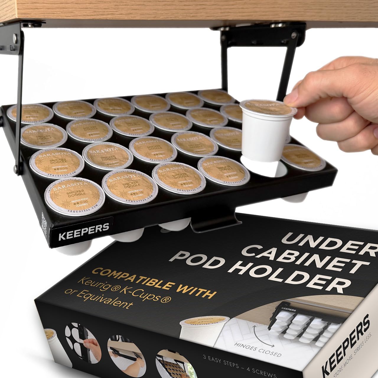 KEEPERS Under Cabinet K Cup Holder with Swing-Down Access – Space-Saving Coffee Pod Holder and K Cup Organizer for 24 Pods – Steel Coffee Pod Organizer with Easy DIY Installation