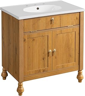 Vanity Bathroom Sink Walnut Wood with Seashell-Inspired Resin Basin Flip-Top Storage Cabinet Soft-Close Door for Home Bathroom Bullet Points