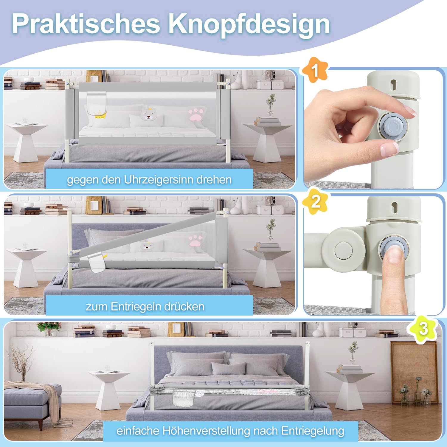 Barierka do łóżeczka dziecięcego 200 cm, z regulacją wysokości 70-98 cm, ochrona przed wypadnięciem, barierka do łóżeczka dziecięcego dla małych dzieci, stabilna konstrukcja, kratka do łóżeczka dziecięcego z przewiewną siatką, szara