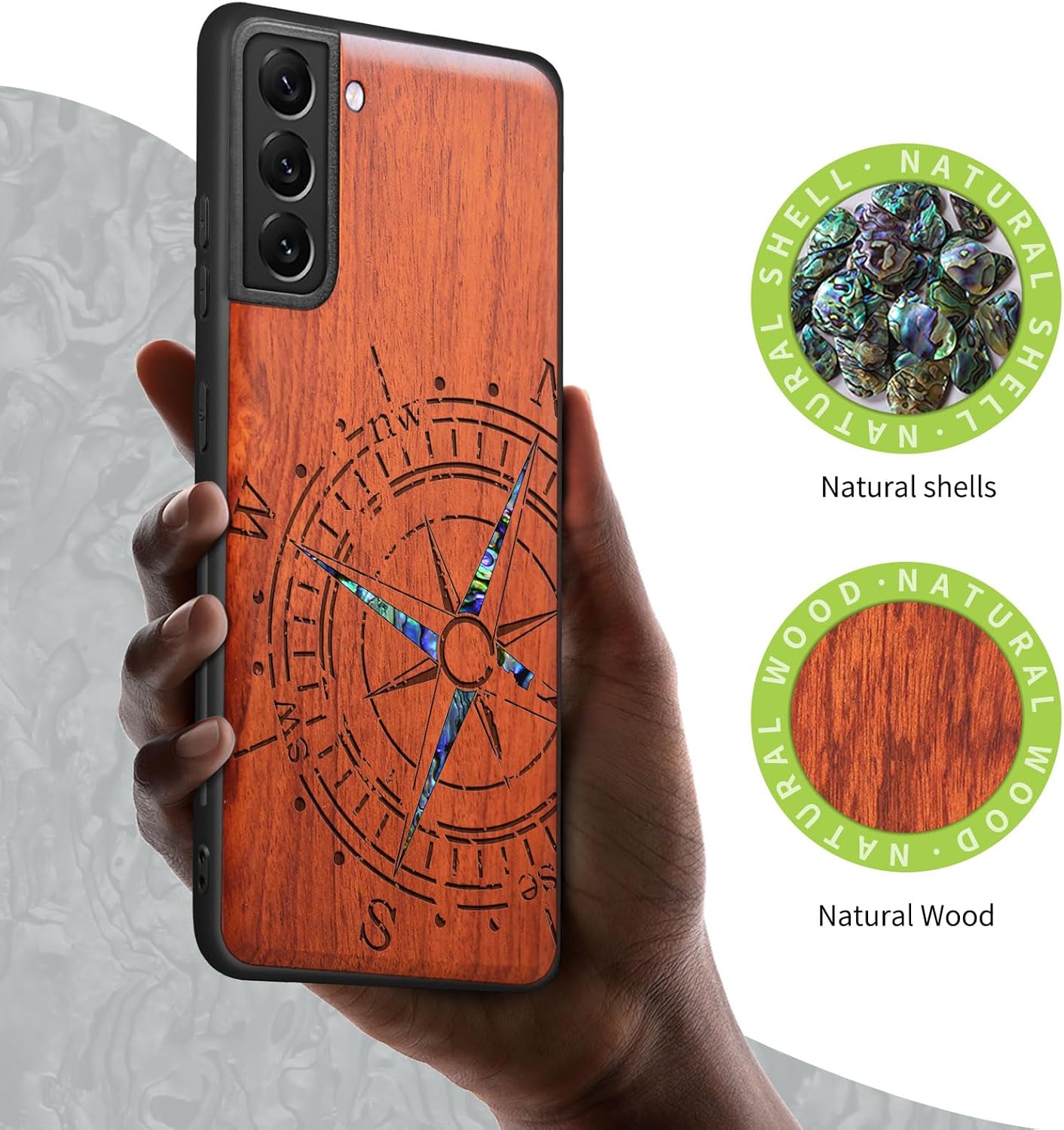 Carveit Designer Wooden Cover for Samsung Galaxy S22 Plus Case [Wood Engraving & Shell Inlay] Compatible with Wireless Chargers Galaxy S22 Plus (Compass-Rosy)