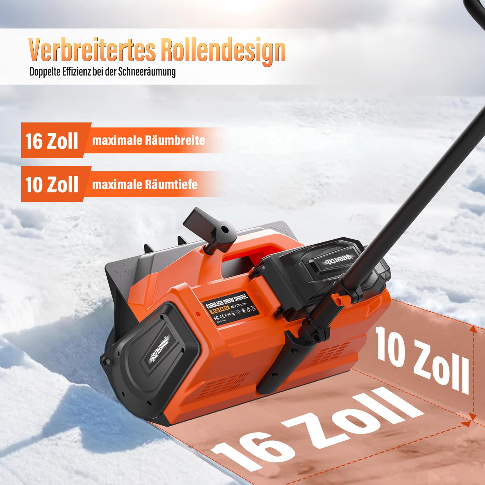 Akku Schneefräse,40V elektrische Schneefräse Akku 2× 4.0Ah mit Ladegerät,Arbeitsbreite 40 cm, maxSchneehöhe 30 cm,bis 6m Auswurf,30° Verstellbarer Auswurfkanal für Gehwege,Einfahrten