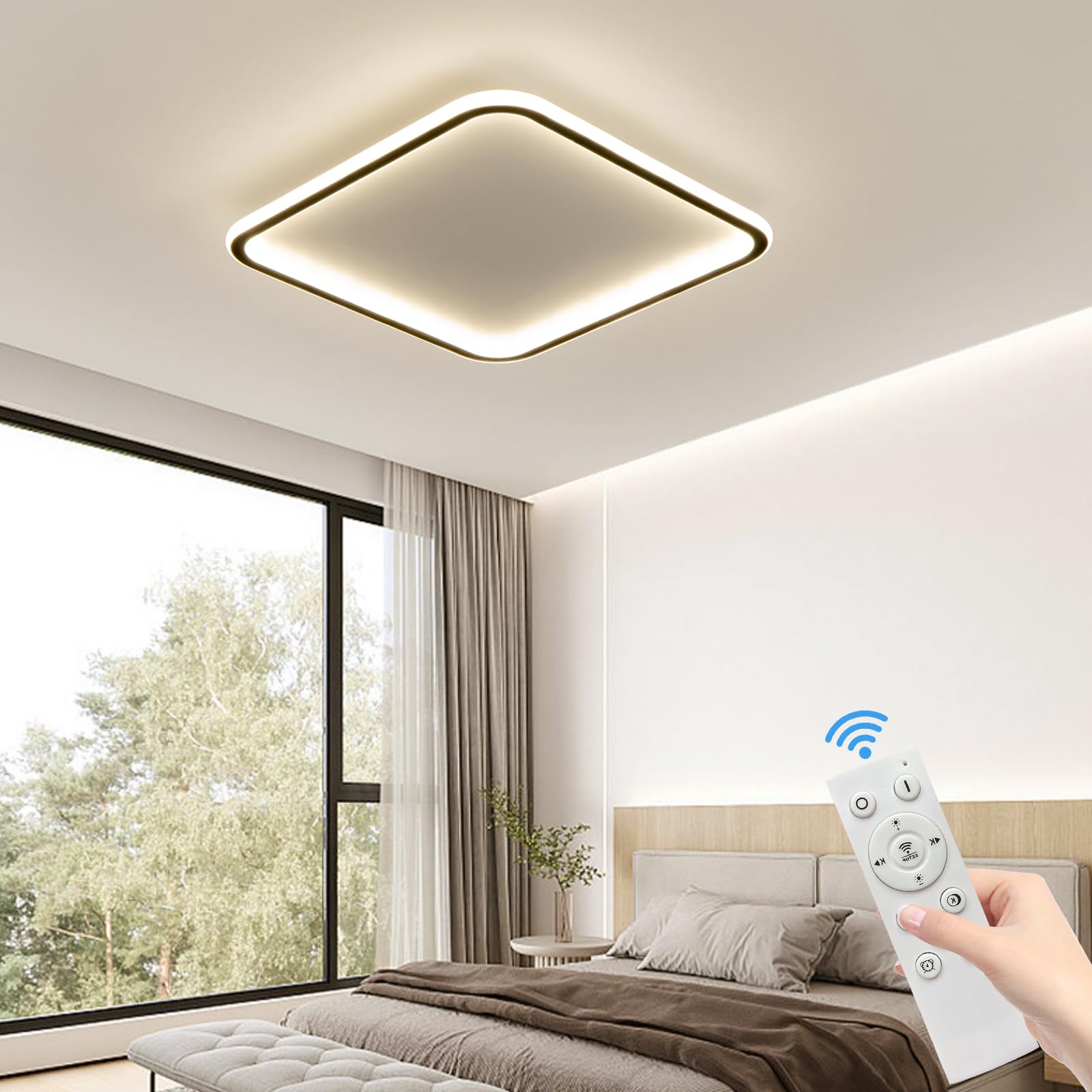 Modern Ceiling Light?23.6 Inch Flush Mount Ceiling Light, Square LED Ceiling Light Fixtures, Thin Modern Ceiling Lamp, Close to Ceiling Lights for Bedroom, Living Room, 3 Color Temperature Selectable