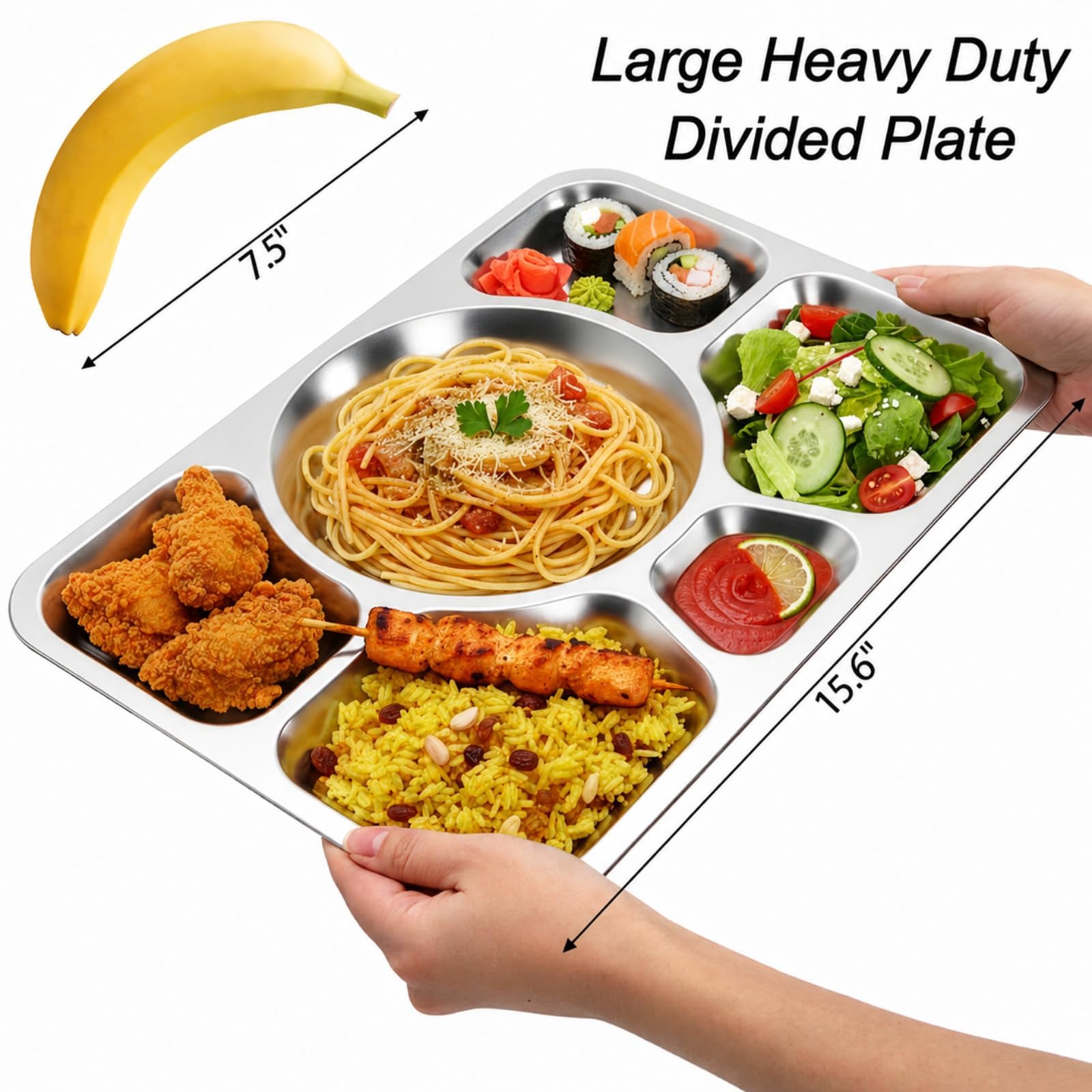 Hacaroa 4 Stück Edelstahl Geteilt Abendessen Teller, 38 x 27 cm Snack Servierplatte mit 6 Fach, Metall Lebensmittel Tabletts für Kinder, Erwachsene, Camping, Diät Portion Control