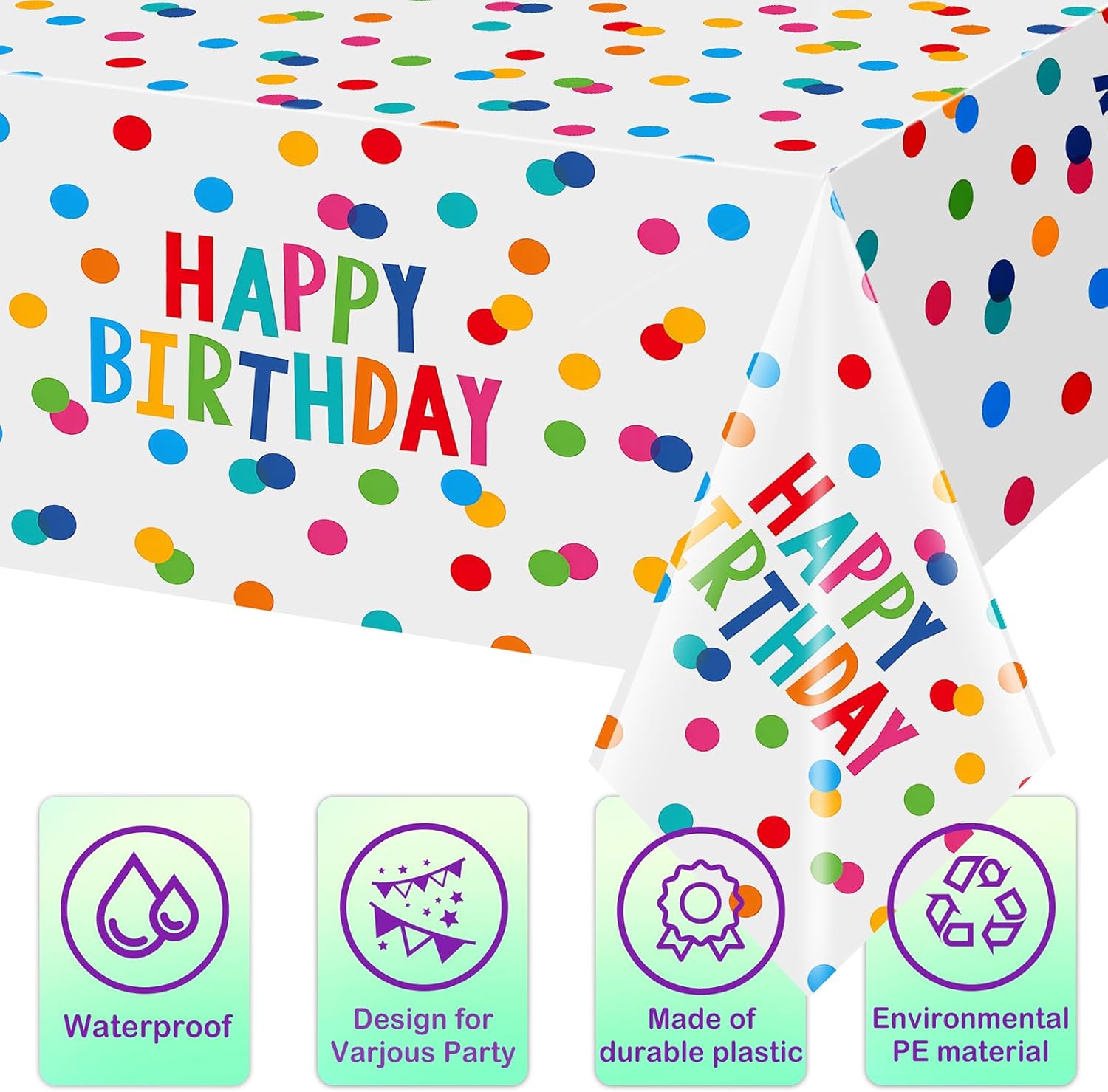 Birthday Tablecloth, Disposable Party Decorations, Polka dot Tablecloth, Disposable, 3 Plastic tablecloths, 54x108 inches
