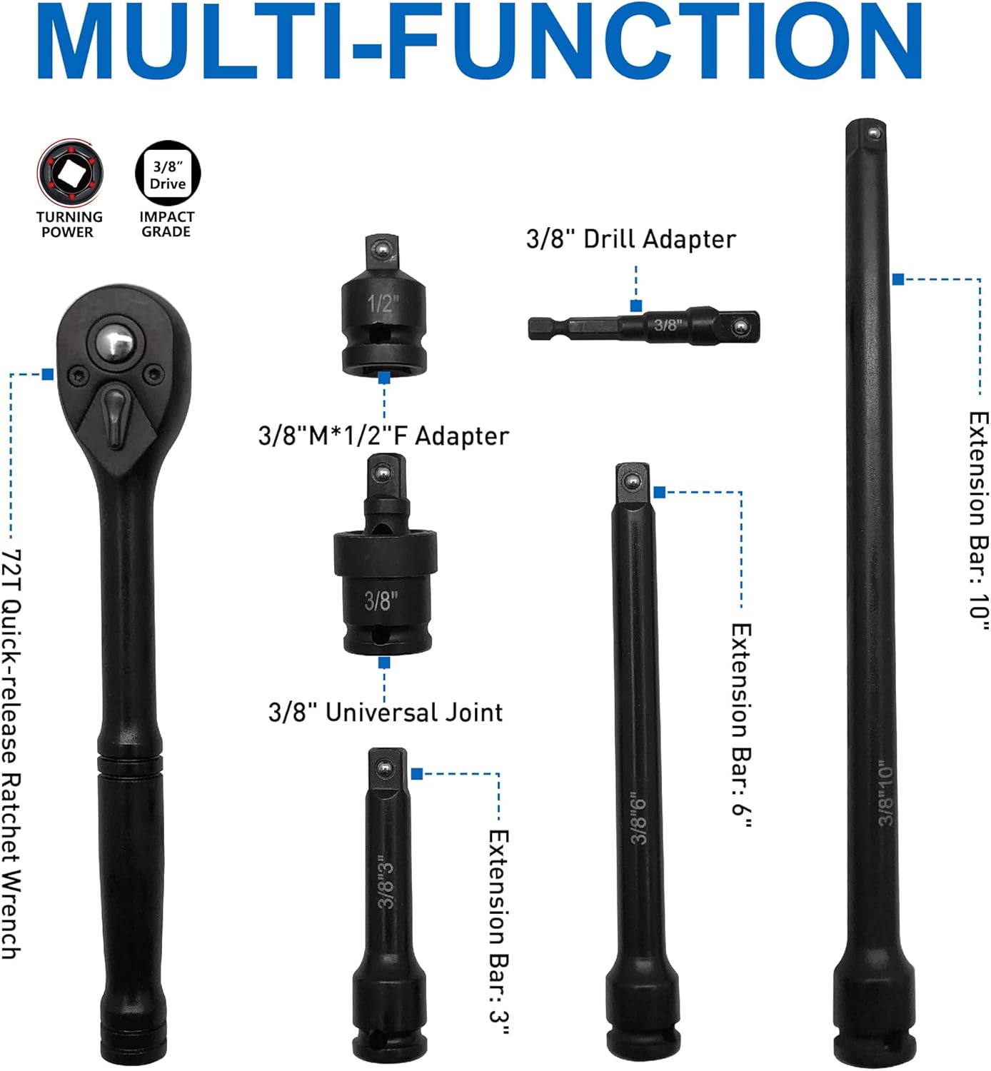 MacWork 67 Pieces 3/8“ Drive Impact Socket Set, SAE and Metric Sockets, CR-V & CR-Mo, Complete Socket Set with Shallow, Deep & Swivel Sockets, Includes Ratchet, Extension Bars & Adapters