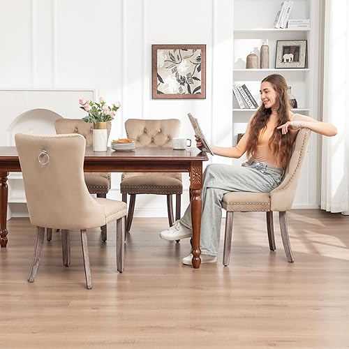 Miniatura 4 de Juego de 4 sillas de comedor de terciopelo, sillas de comedor tapizadas con ribete de anillo y botón trasero, asientos modernos para cocina,