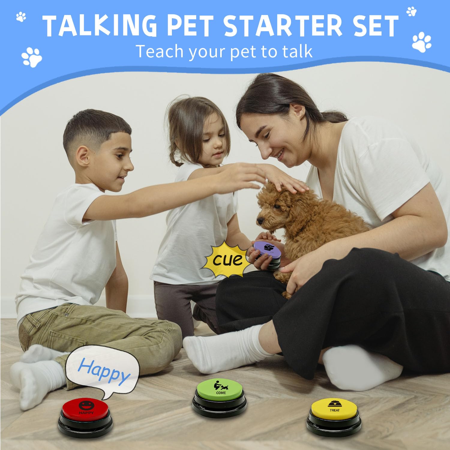8 Botones parlantes para Perros, 30 Segundos para comunicarse 4 Almohadillas multidireccionales de Patchwork para Perros y 50 Pegatinas de escenas. Enseña a tu Perro a Hablar