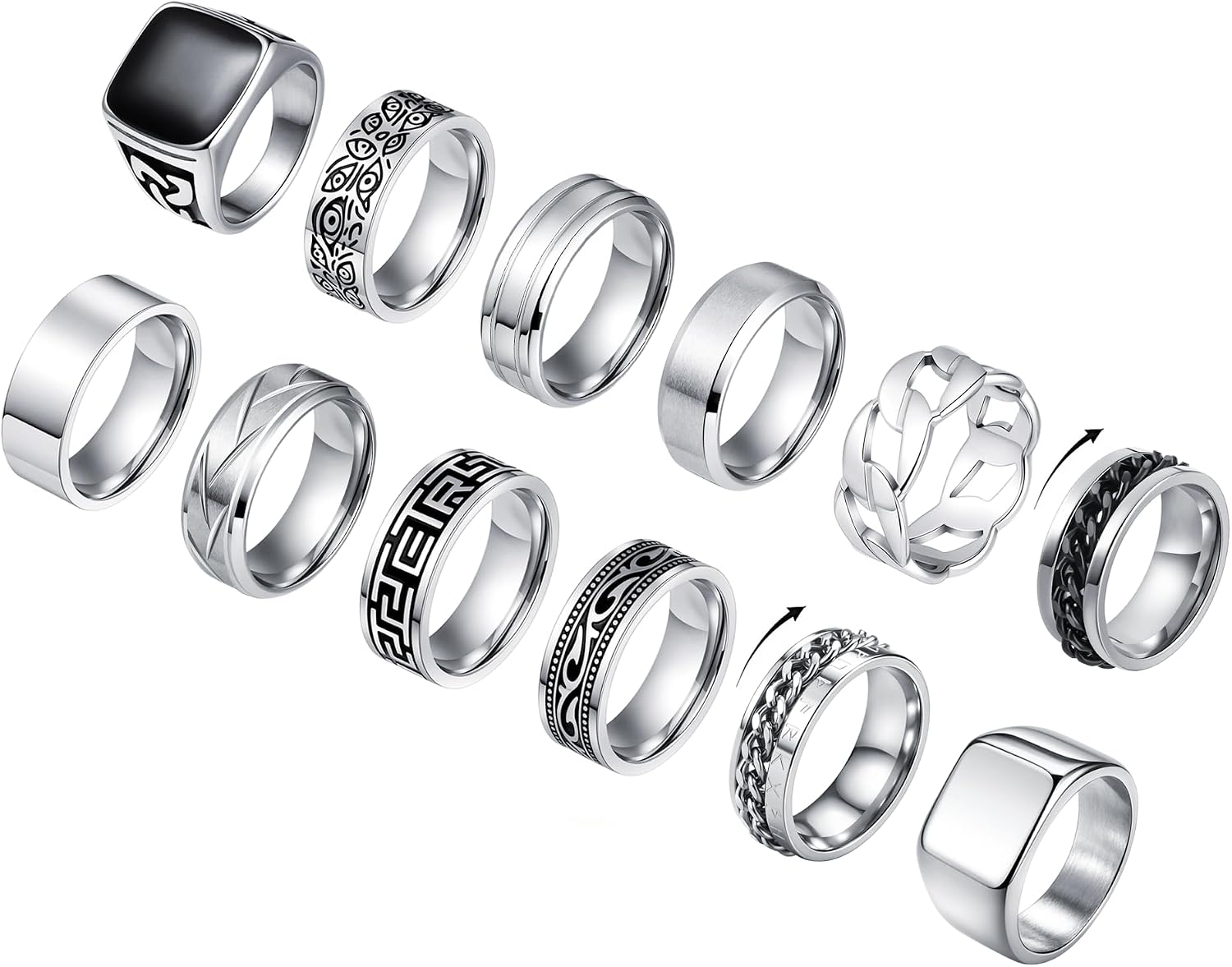 CASDAN 12Pcs Stainless Steel Vintage Signet Rings for Men Silver Square Pinky Thumb Chunky Thin Band Ring Vintage Spinning Biker Band Rings Set 7-13