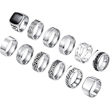 CASDAN 12Pcs Stainless Steel Vintage Signet Rings for Men | Silver Square Pinky Thumb Chunky Thin Band Ring,High Polished Men Ring ,Vintage Spinning Biker Band Rings Set 7-13