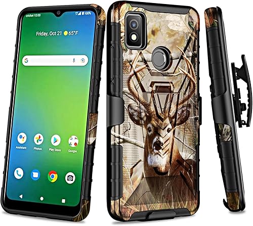 Miniatura 8 de Funda para Cricket Icon 4 con clip para cinturón híbrido, a prueba de golpes, con soporte y pantalla de vidrio templado (negro)