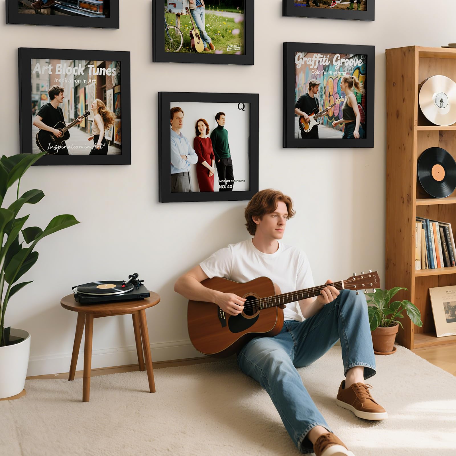 2 Pièces Meuble Vinyle, Ouverture sur le Mur Avant, Bois Cadre Photo Vinyle pour Présenter les Disques Poster, pour Exposer les Pochettes de Disques Vinyles 12x12 (Noir Mince)