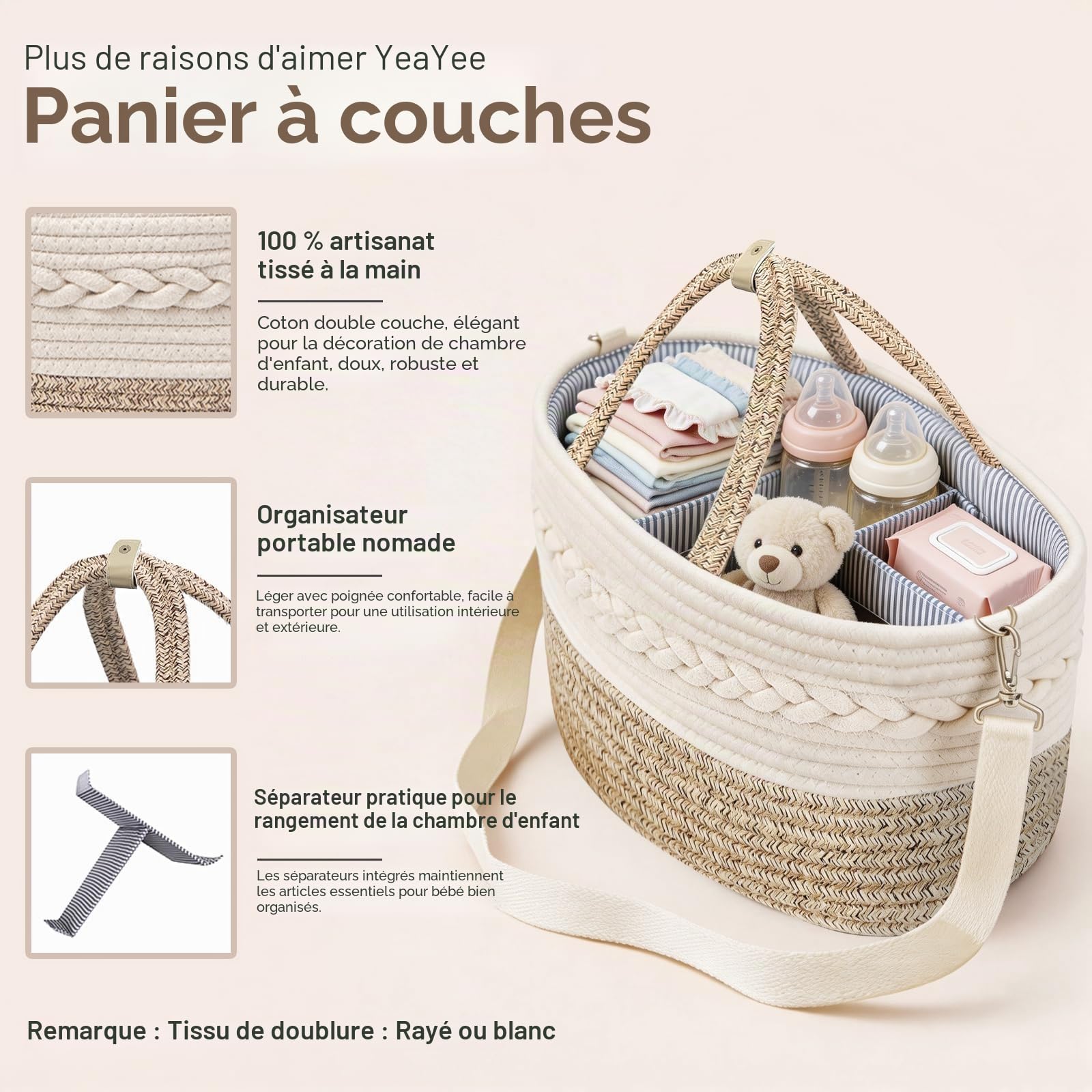 Organisateur de panier à couches pour bébé, panier de rangement pour chambre d'enfant avec 3 compartiments, toile 100% coton, panier à langer portable, cadeau pour nouveau-né