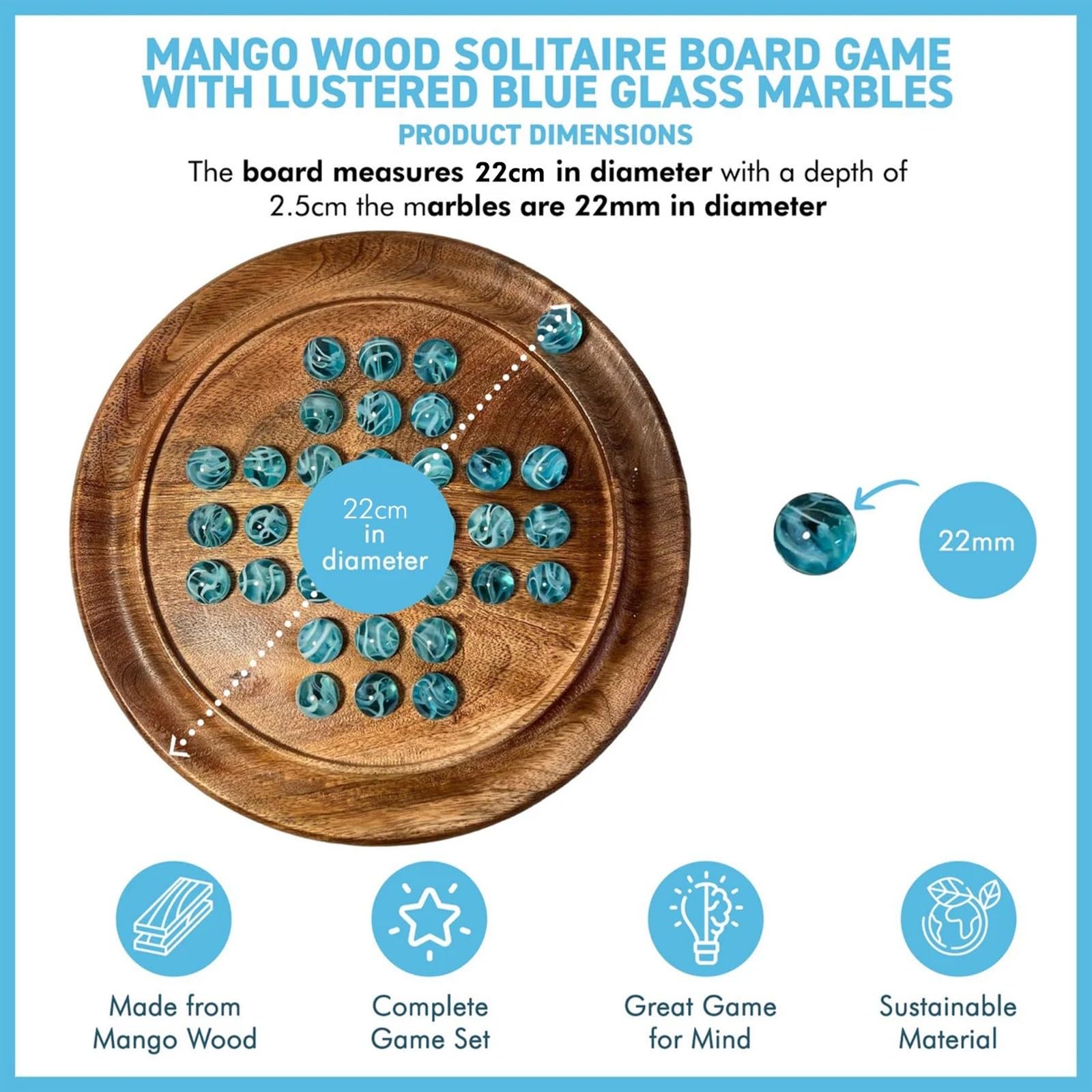 Solitaire - Jeu de société en bois de 22 cm de diamètre - À partir de 10 ans - Avec marbre bleu brillant en verre à oxygène - Jeu de solitaire classique en bois - Jeu de stratégie - Jeu de société