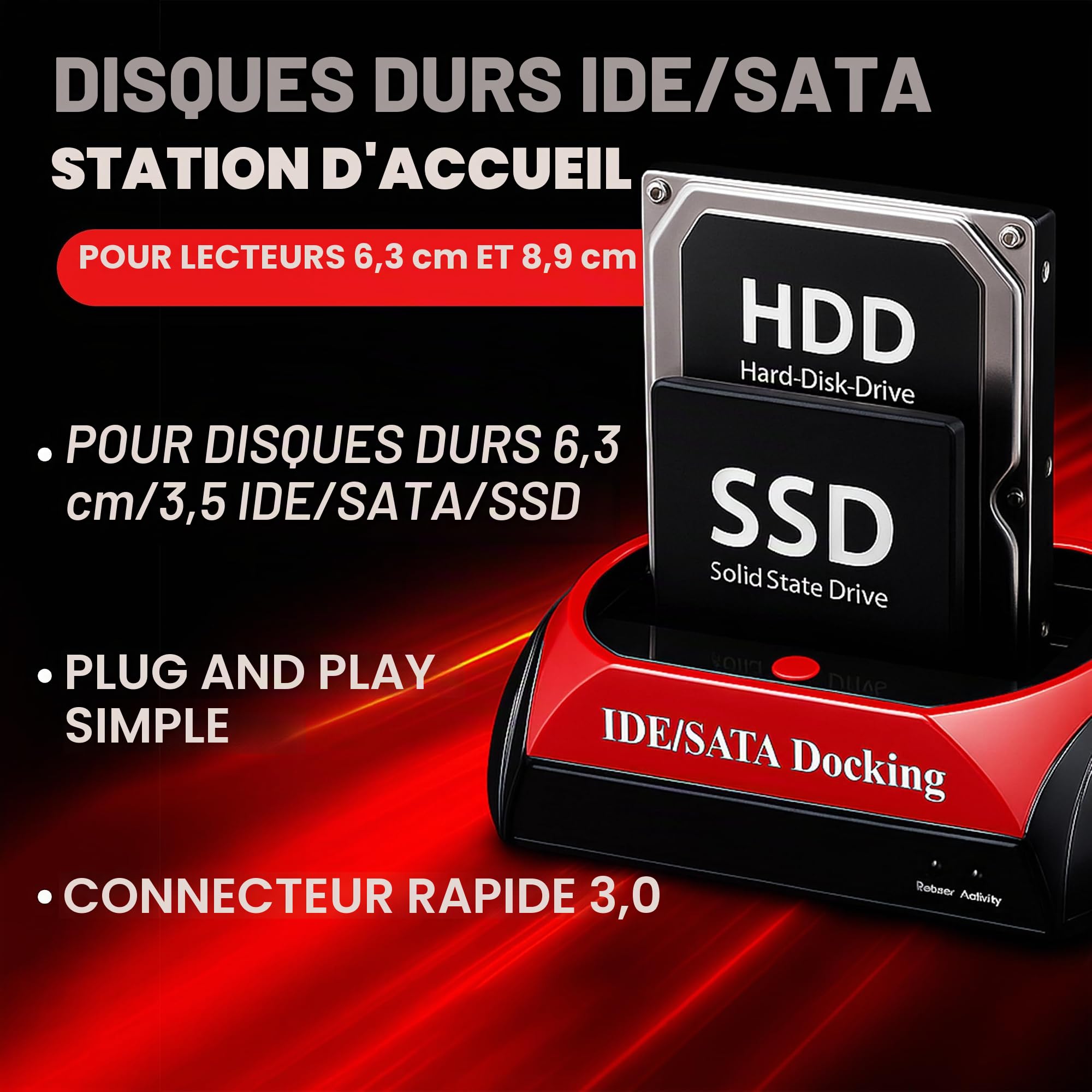 Retoo SATA SSD/HDD Dock pour Disque Dur, 2.5” – 3.5”, SATA I/II/III IDE USB 3.0 Jusqu'à 480 Mb/s, Fonction OTB, Plug&Play, Indicateurs LED, Transfert De Données SATA 1,5GB/s - 3GB/s Stations D'accueil