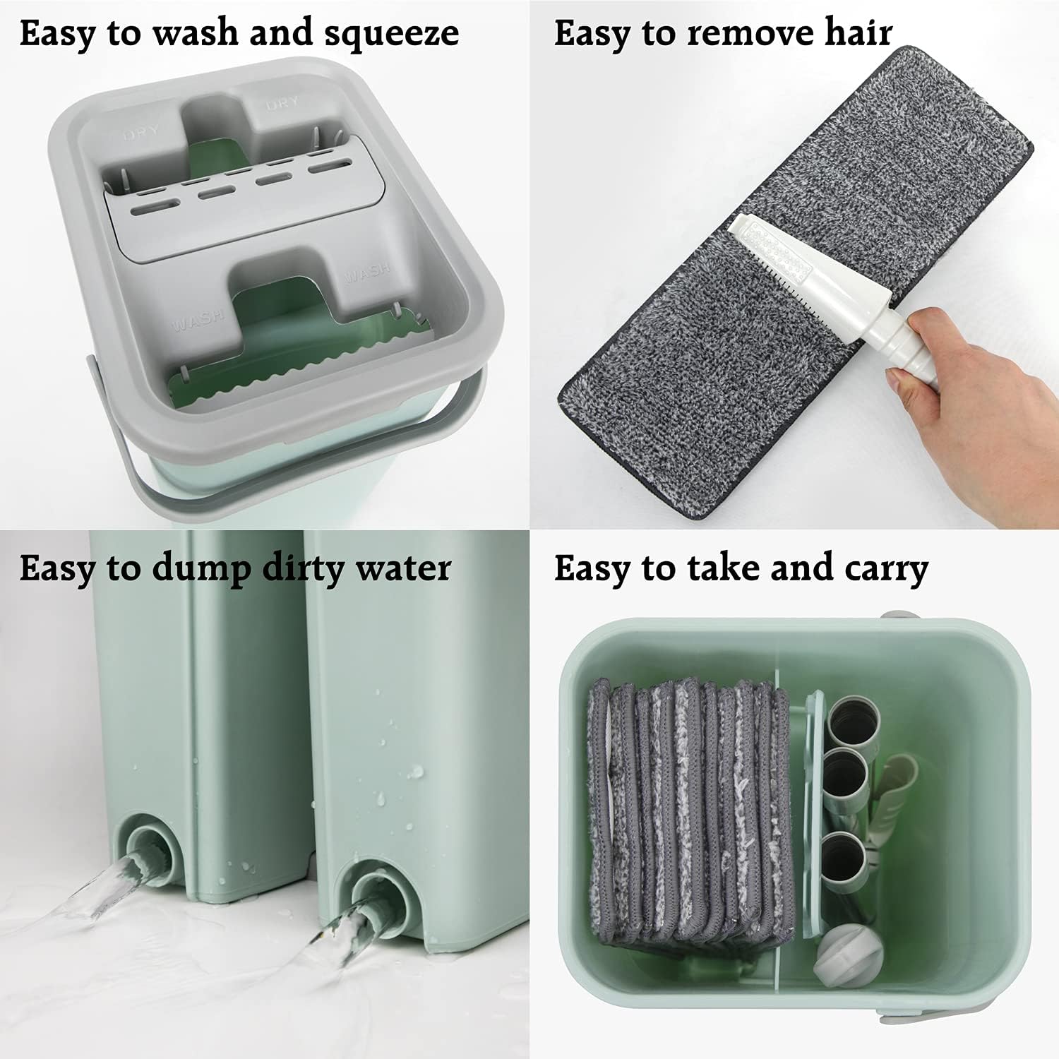 REALWAY Mop and Bucket Set with 10 Reusable Microfiber Mop Pads Hand-Free Wringing Cleaning Mop Bucket Wet and Dry Use for Office & Home & Kitchen Floors Cleaning (7.6X6.5x13.5 inches, Green Small)
