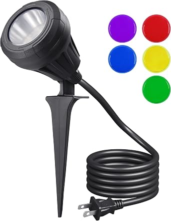 EDISHINE 120V Outdoor Spotlight, 5 Extra Lenses Waterproof Landscape Light | RGB Purple Blue Lenses, 5.5W 5000K, 90 Beam Angle, Plug in Spotlight for Yard, Holiday Tree Flag Light, UL Listed