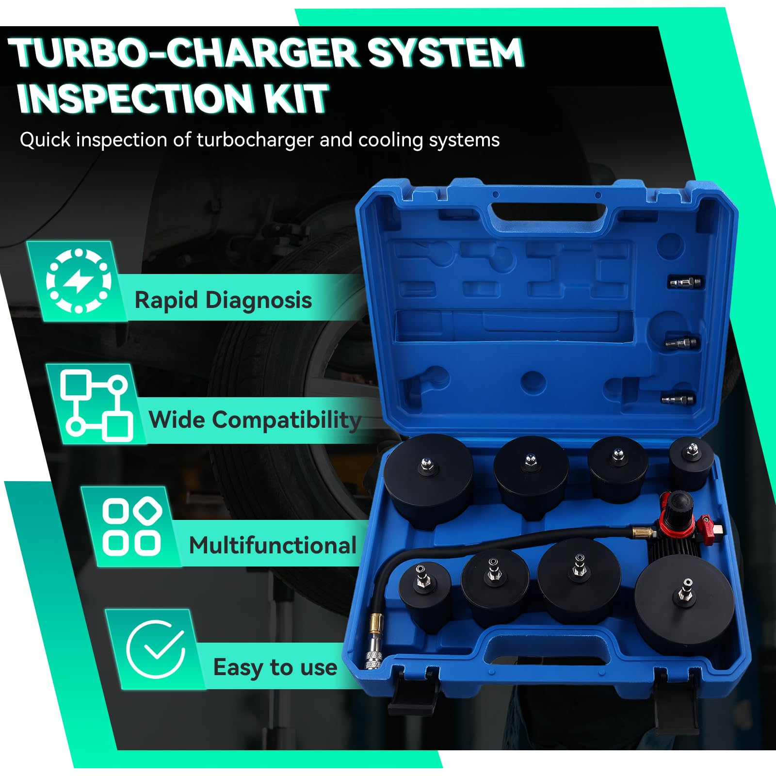 OiLiehu Tester di Tenuta Turbocompressore con 4 Adattatori - Kit Prova Pressione per Intercooler, Tubazioni Aria e Sistema Sovralimentazione Auto - Adattatori per Tubi da 35 a 89 mm
