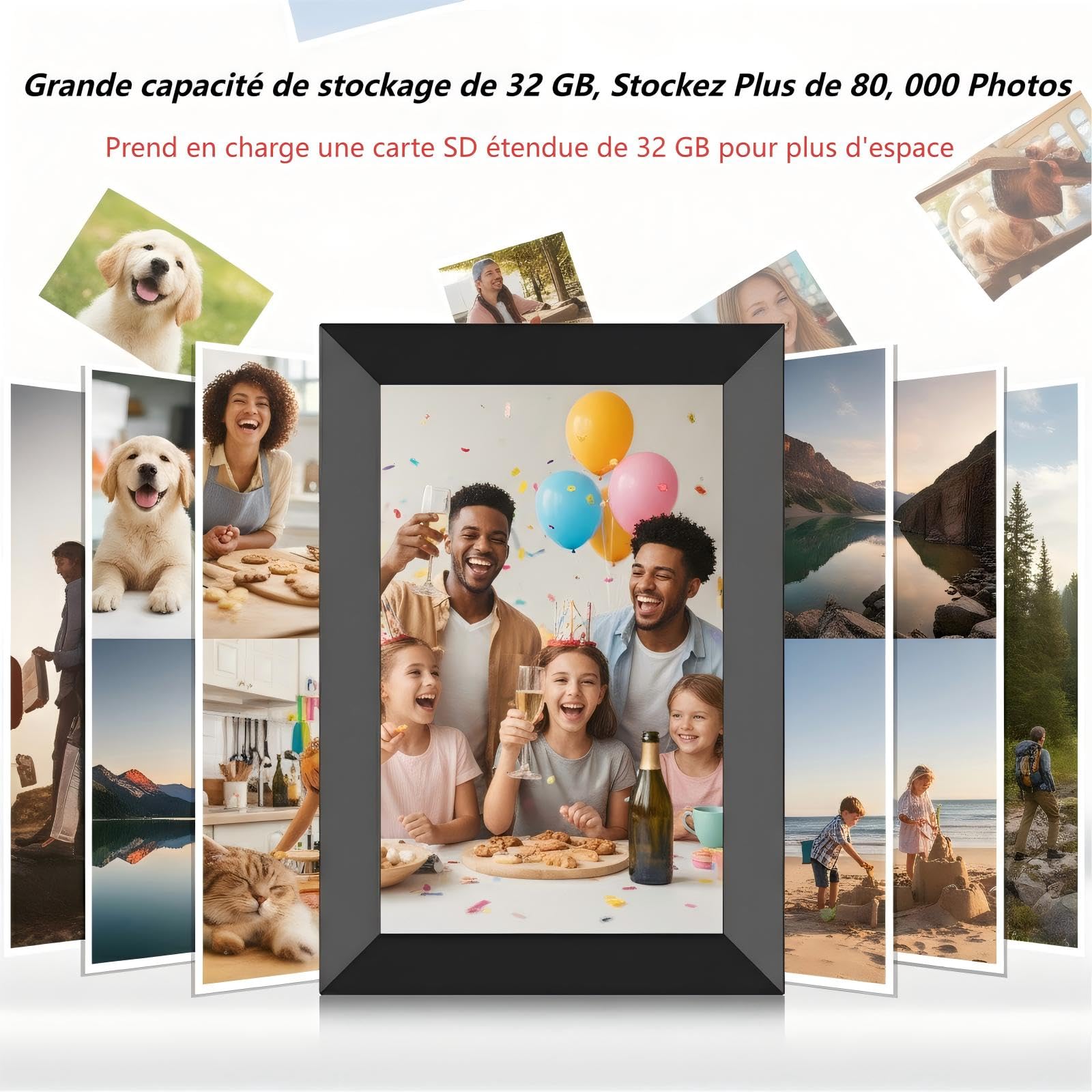 Cadre Photo Numérique WiFi - 10.1 Pouces IPS Écran Tactile Smart Cloud Connecté avec 32Go Espace, Partagez Instantanément des Clips Vidéo et Photos Via l'application Frameo,Rotation