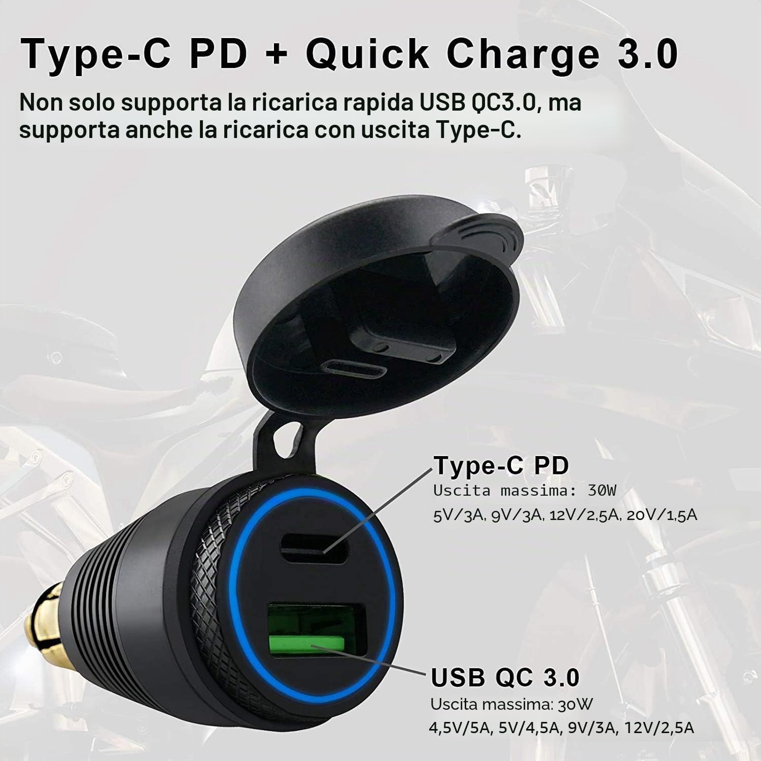 Caricabatteria impermeabile per moto DIN un caricabatterie USB QC3.0 e tipo C 30 W alimentatore adattatore femmina