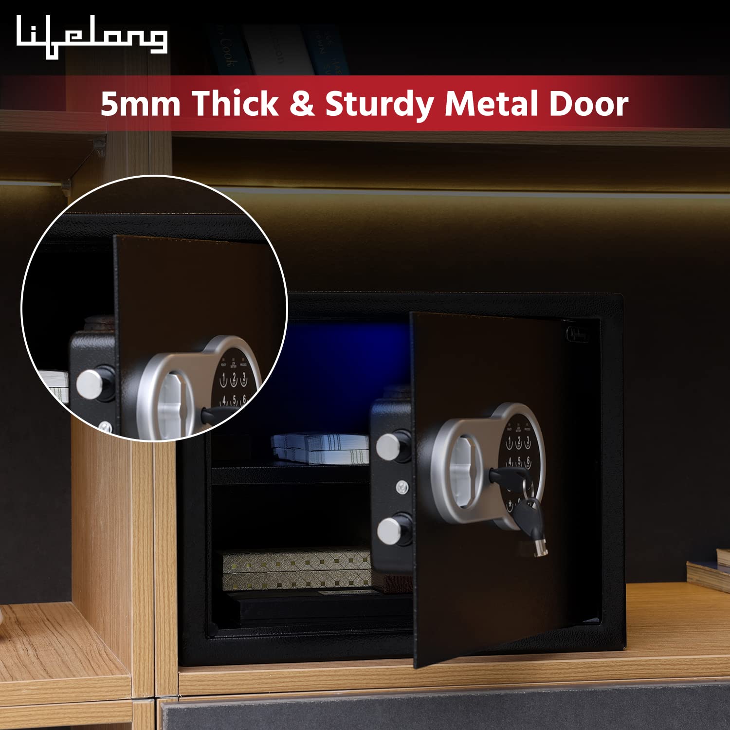 Lifelong 22 L Carbon Steel Digital Safe Locker Box For Home & Office | Inbuilt LED Light | Essential Smart Home Locker for Gold, Jewellery, Cash | Tijori Box, Wardrobe Compatible, 1 Yr Warranty, Black 3