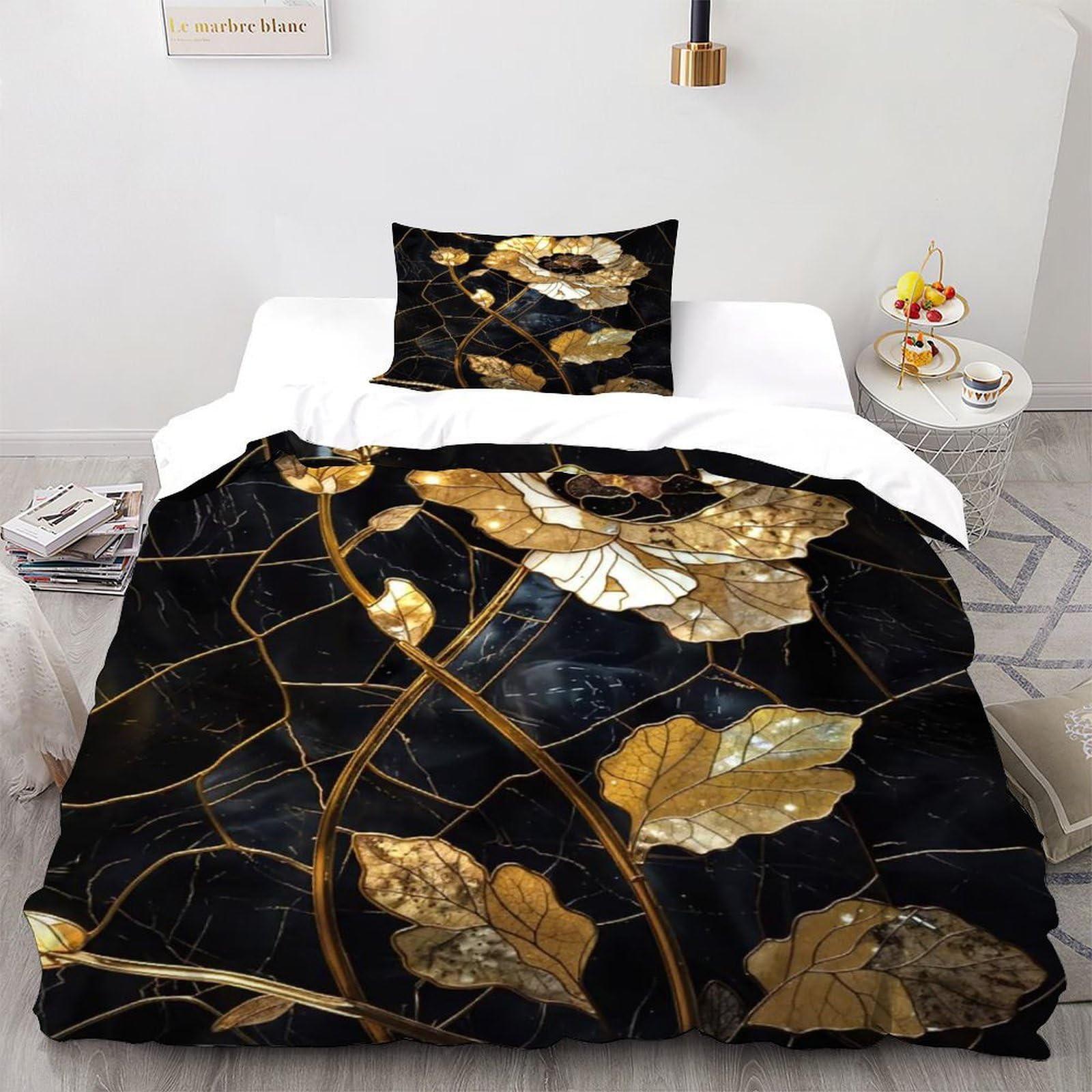 Linge de lit super doux Golden Fleur Black motif végétal raffiné 135x200
