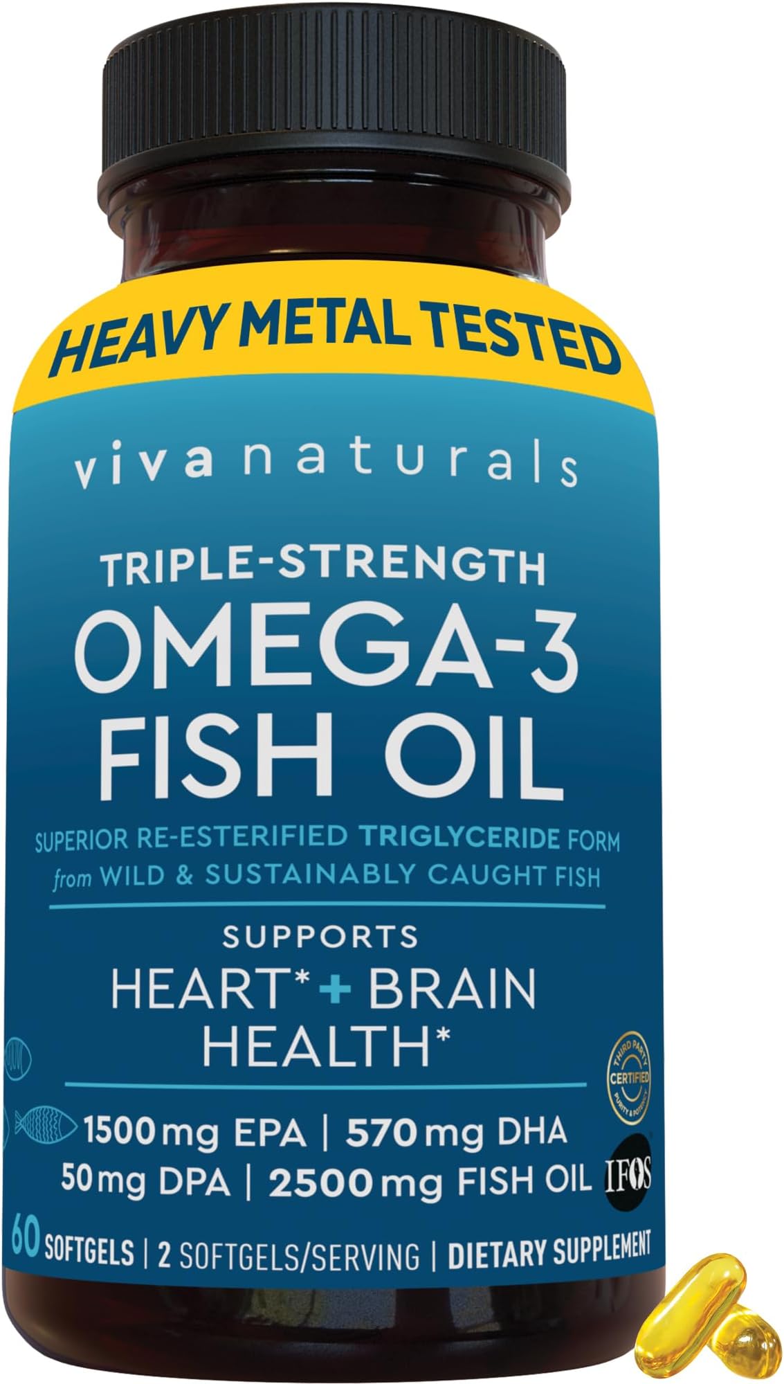 Omega-3 Fish Oil, Triple Strength, 2500 mg, 60 Softgels – Re-Esterified Omega 3 Fatty Acids Including EPA, DHA, DPA - Pascatarian-Friendly