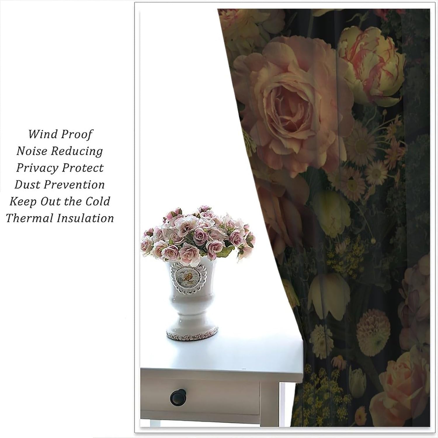 Black Floral Curtains, Rustic Watercolor Botanical Rose Peony Vintage Leaves Plant Boho Gothic Print Blackout Window Treatments for Kitchen Bedroom Living Room 52x84in image 4