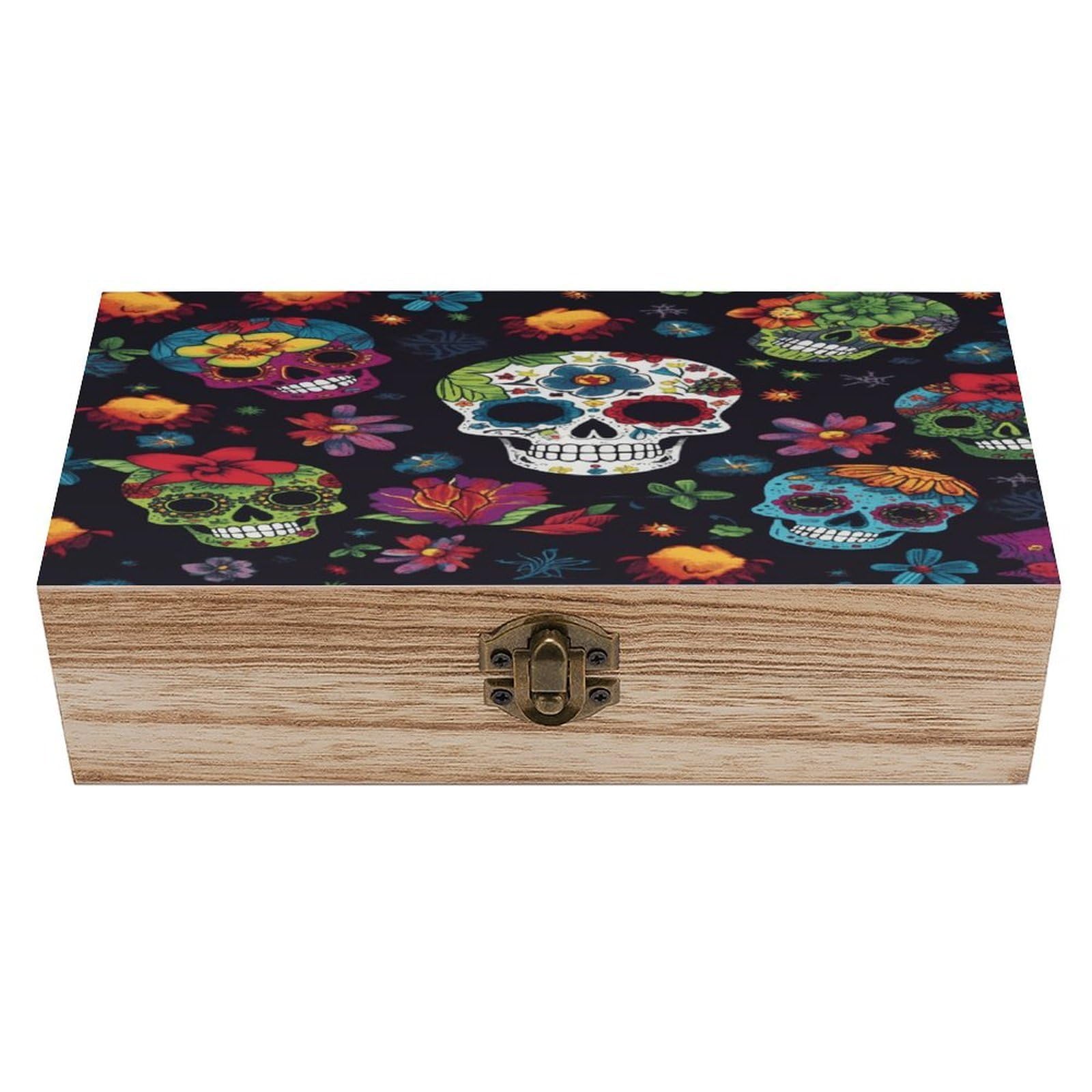 VstaDank Flower Cactus Sugar Skull Wooden Storage Box Wooden Keepsake Box with Hinged Lid Exquisite Solid Wood Decorative Jewelry Case Memory Box for Jewelry Photos Letters Crafts Trinkets