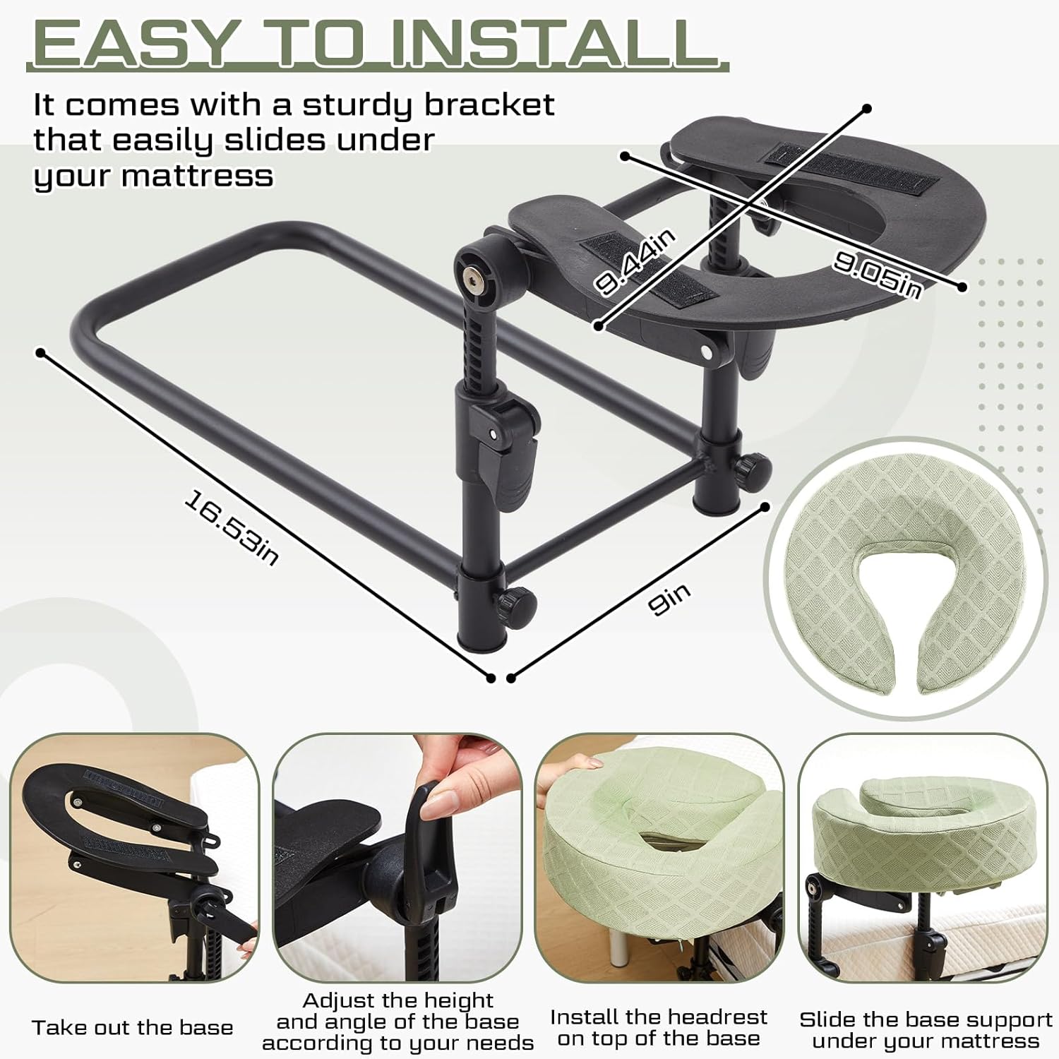 Qunclay 1 Set Massage Headrest for Bed with Cushion Support Bracket Green Adjustable Massage Cradle Home Mattress Top Face Kit Portable Face Down Pillow for Spa Rest Eye Surgery Recovery Bedroom Sofa